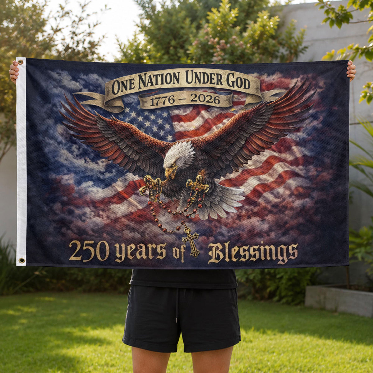 USA 250th Anniversary 1776-2026 Double Sided Flag – Flying Eagle 250 Years of Blessings One Nation Under God Decor - Rust Field Wear