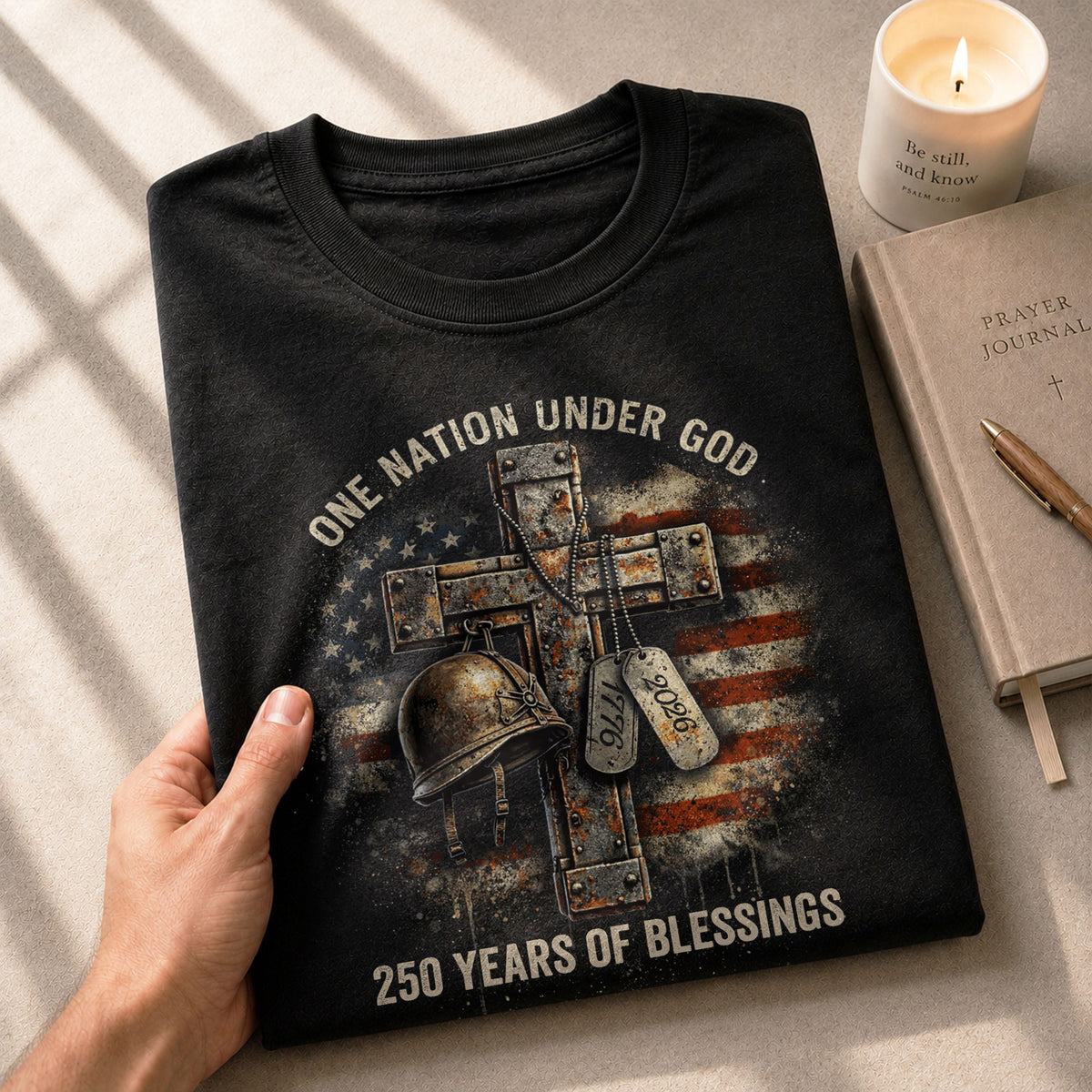 America 250th Anniversary T-Shirt 1776-2026 – Veteran Christian Cross & Dog Tags Tee - Rust Field Wear