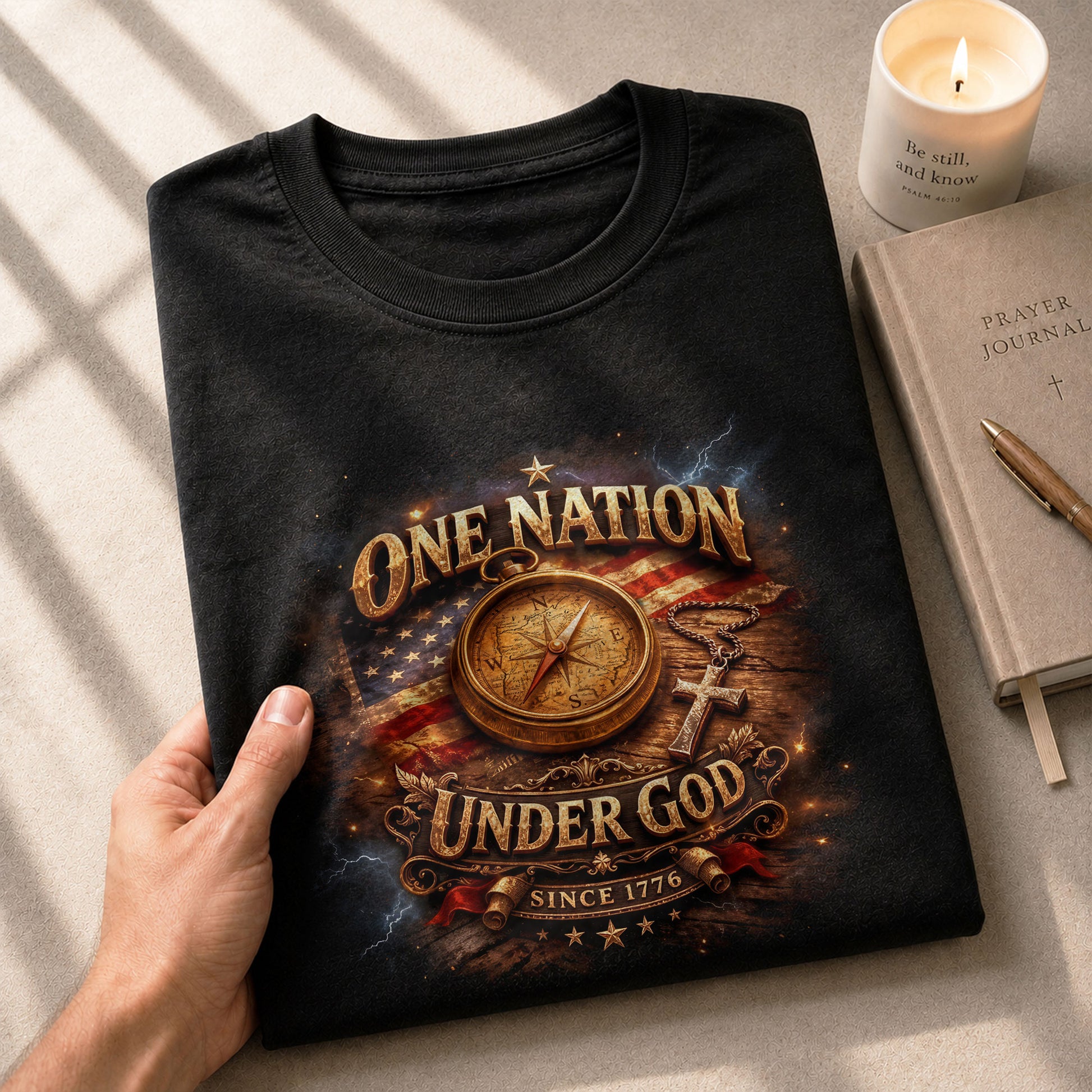 250 Years Anniversary 1776-2026 Christian Patriotic T-Shirt – Compass & Cross One Nation Under God Bible Bootleg Graphic Shirt - Rust Field Wear