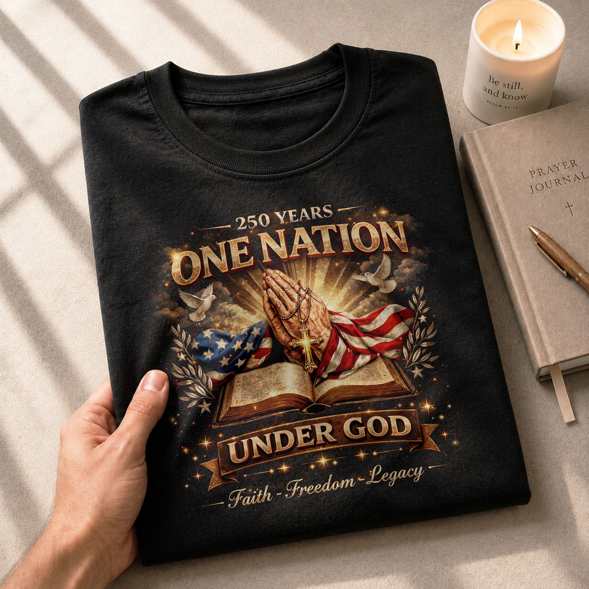 One Nation Under God 250th Birthday of America 1776-2026 T-Shirt – Faith Freedom Legacy Praying Hands Patriotic Merchandise - Rust Field Wear
