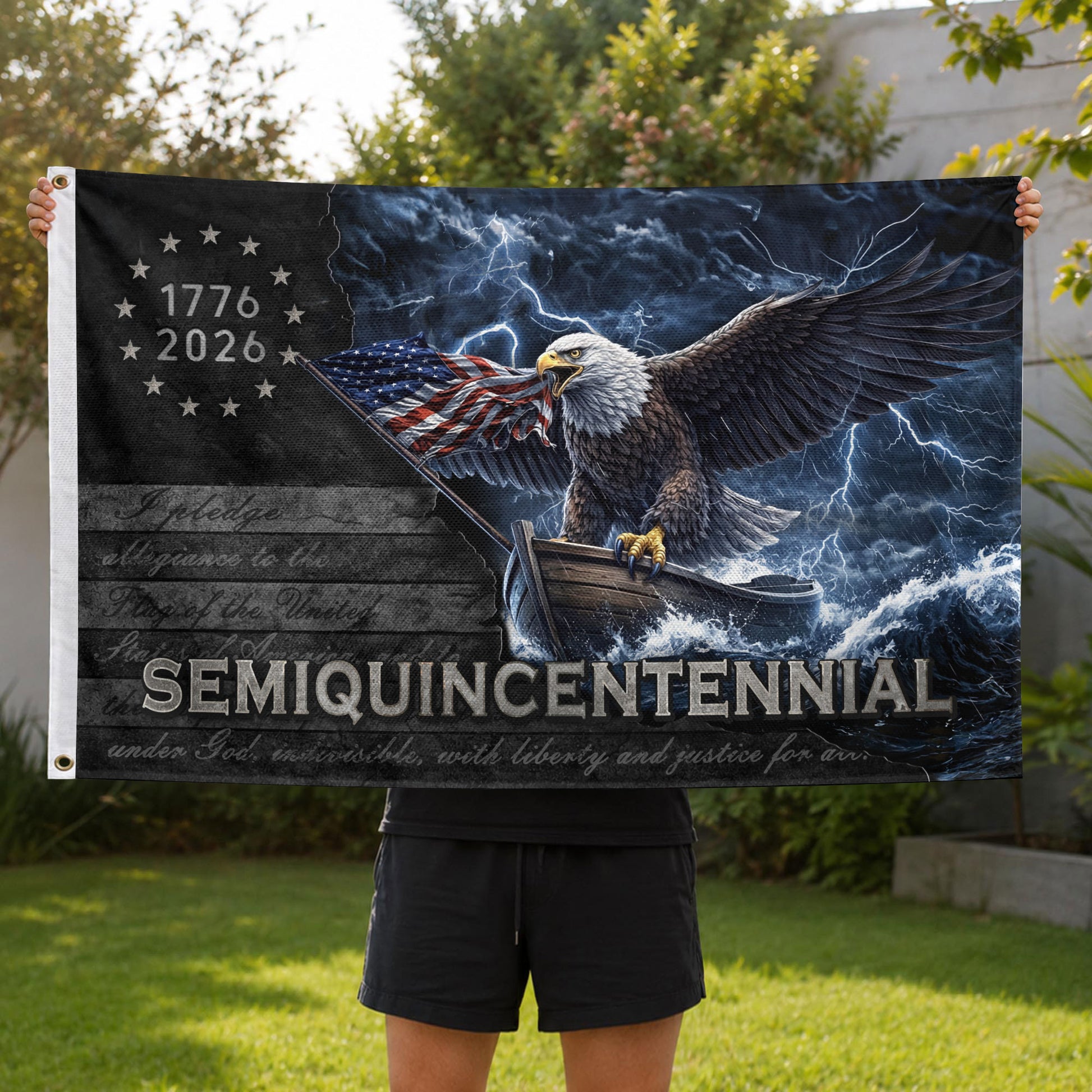 America 250th Anniversary Flag 1776-2026 – Bald Eagle & Lightning Bootleg Style House Flag - Rust Field Wear