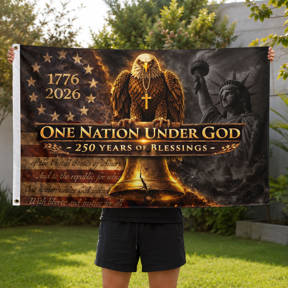 250 Years of Blessings Christian Flag 1776–2026 – Eagle & Liberty Bell Double Sided Patriotic House Flag - Rust Field Wear
