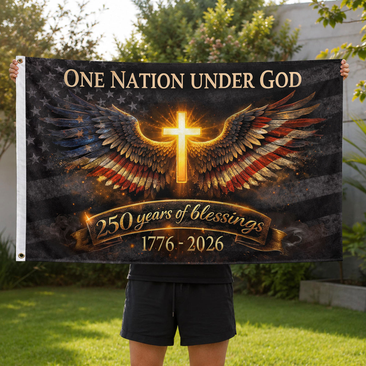 USA 250th Anniversary Cross Flag 1776–2026 – Glowing Cross & Angel Wings Double Sided Christian Banner - Rust Field Wear