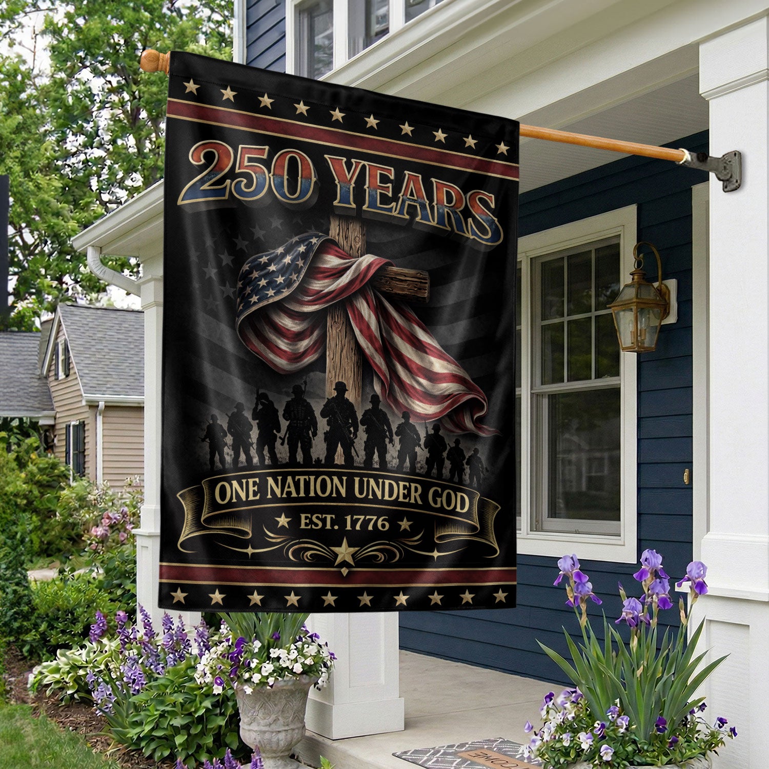 250th Anniversary USA Flag House Decor – One Nation Under God, We The People Cross House Flag, Faith and Freedom Patriotic Flag