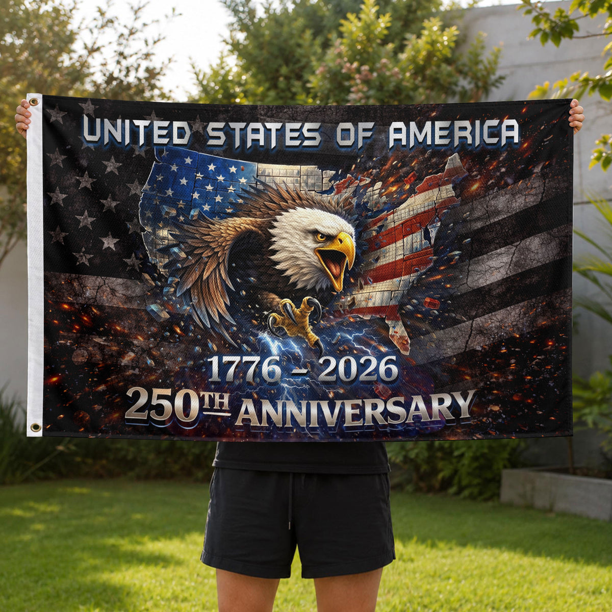 1776–2026 USA 250th Anniversary House Flag – Vintage Bootleg Eagle Lightning Patriotic Double Sided Flag - Rust Field Wear