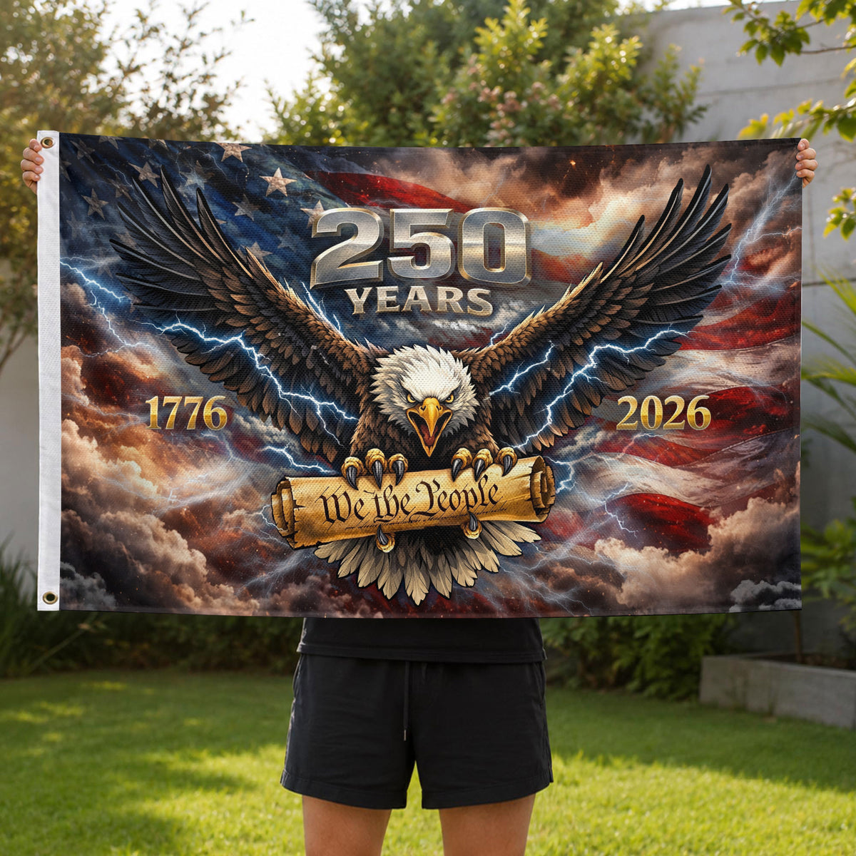 USA 250th Anniversary 1776–2026 House Flag – Vintage Bootleg Eagle We The People Lightning Double Sided Printing - Rust Field Wear