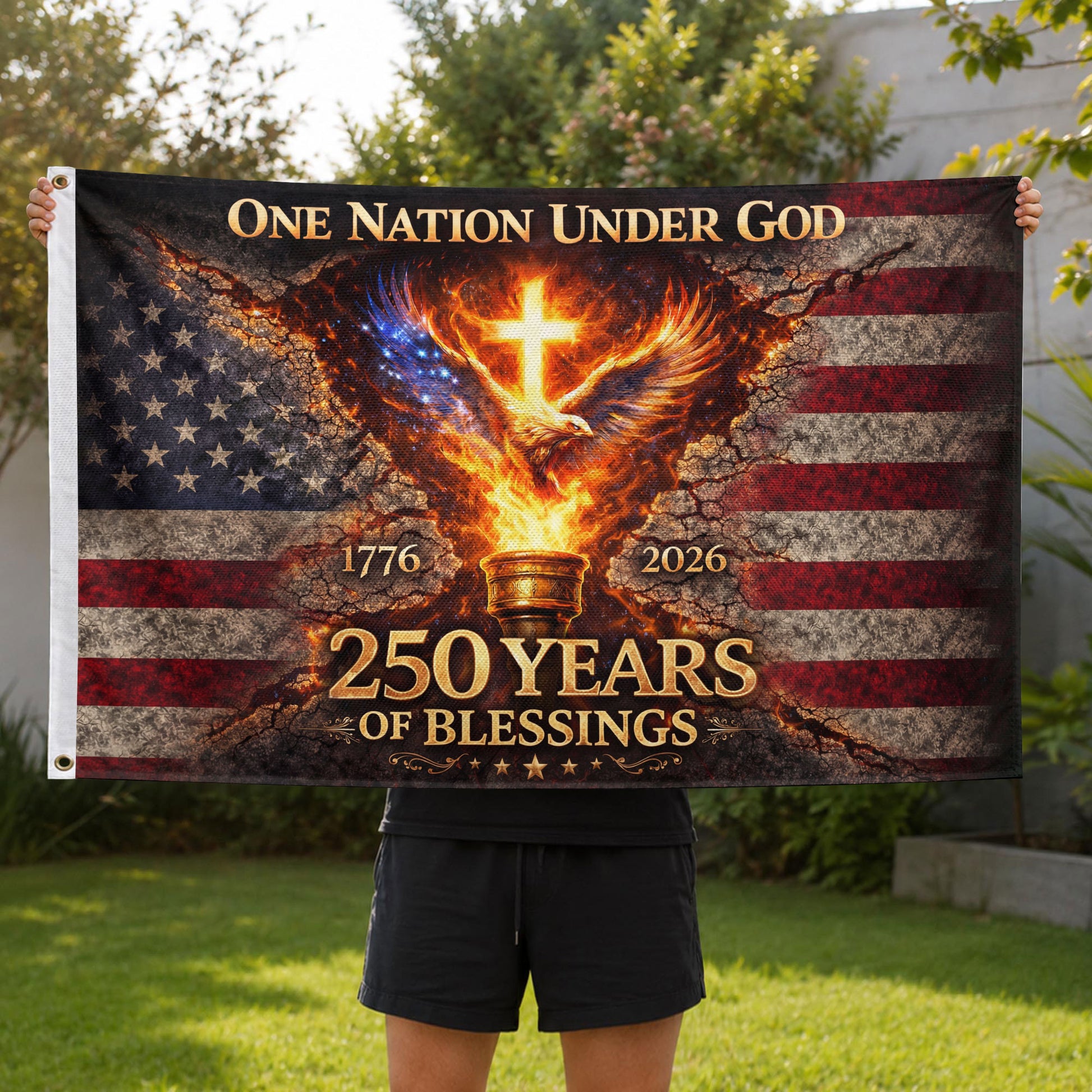 One Nation Under God 250 Years Flag 1776–2026 – Eagle & Cross Christian USA Double Sided House Flag - Rust Field Wear