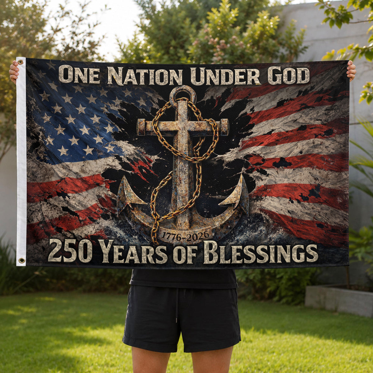 250 Years of Blessings Christian Flag 1776–2026 – Anchor Cross & Chain Patriotic Double Sided Banner - Rust Field Wear