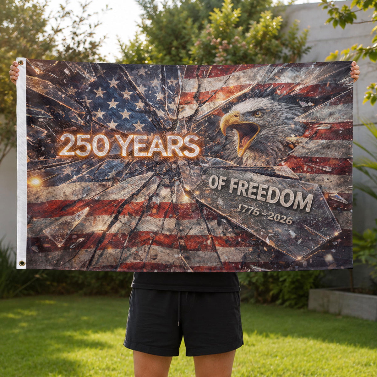 250 Years Flag 1776–2026 – Shattered Glass Eagle Christian Freedom House Flag - Rust Field Wear
