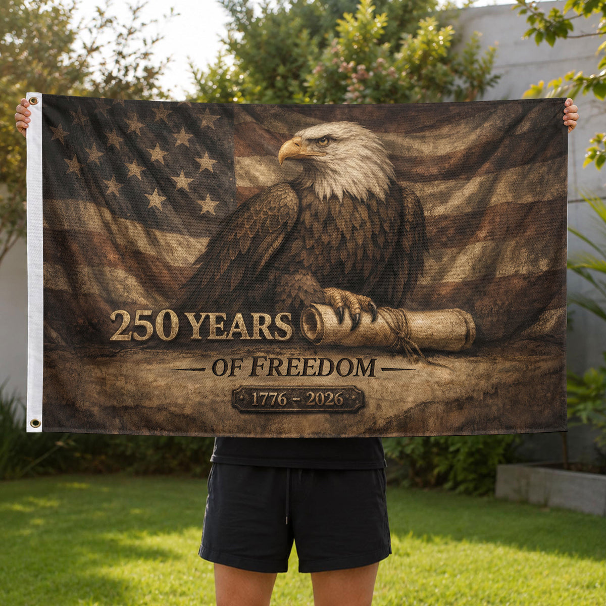 250 Years Of Freedom Flag 1776–2026 – Vintage Eagle Constitution Patriotic Banner - Rust Field Wear