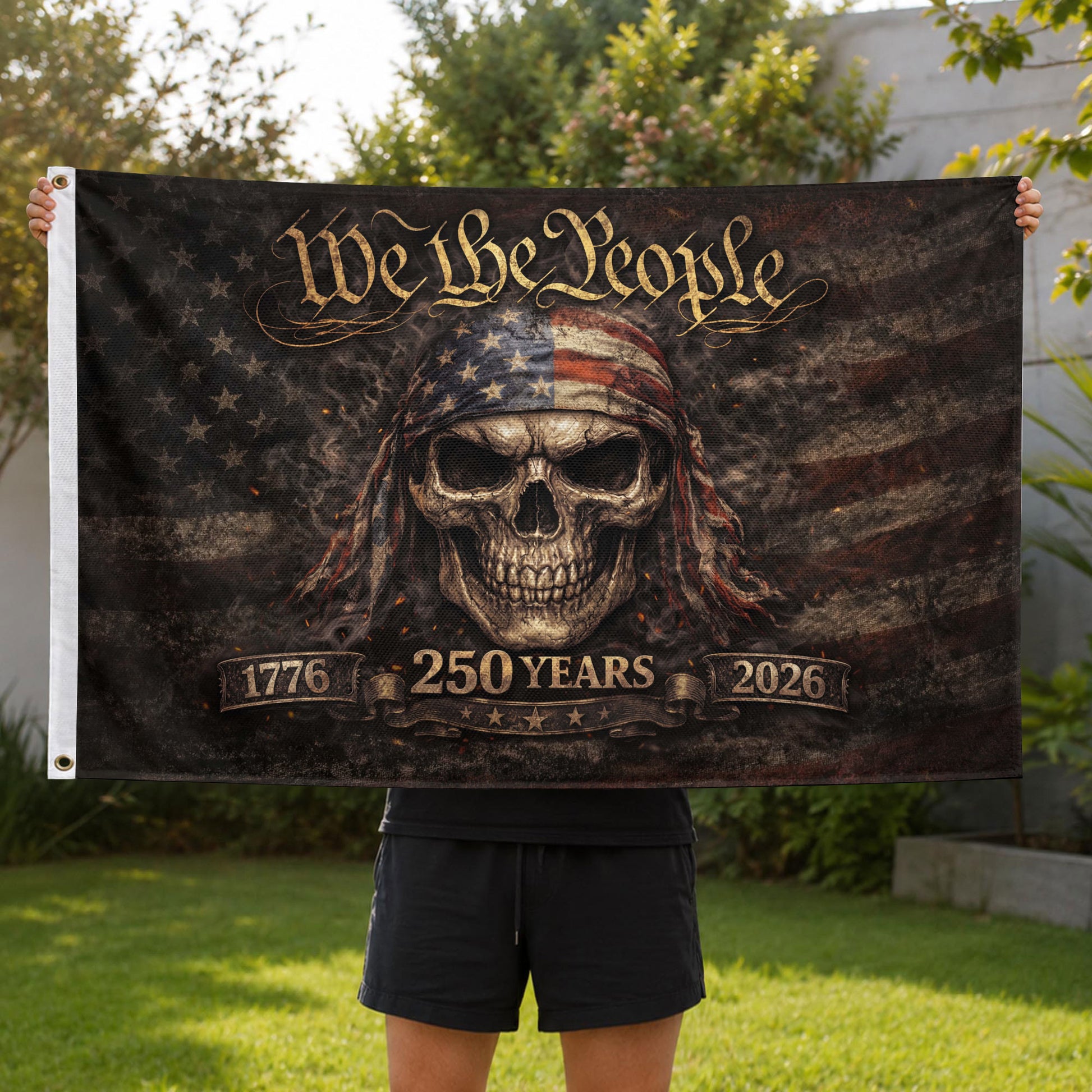 We The People 1776–2026 Flag – Patriotic Skull 250 Years House Flag - Rust Field Wear