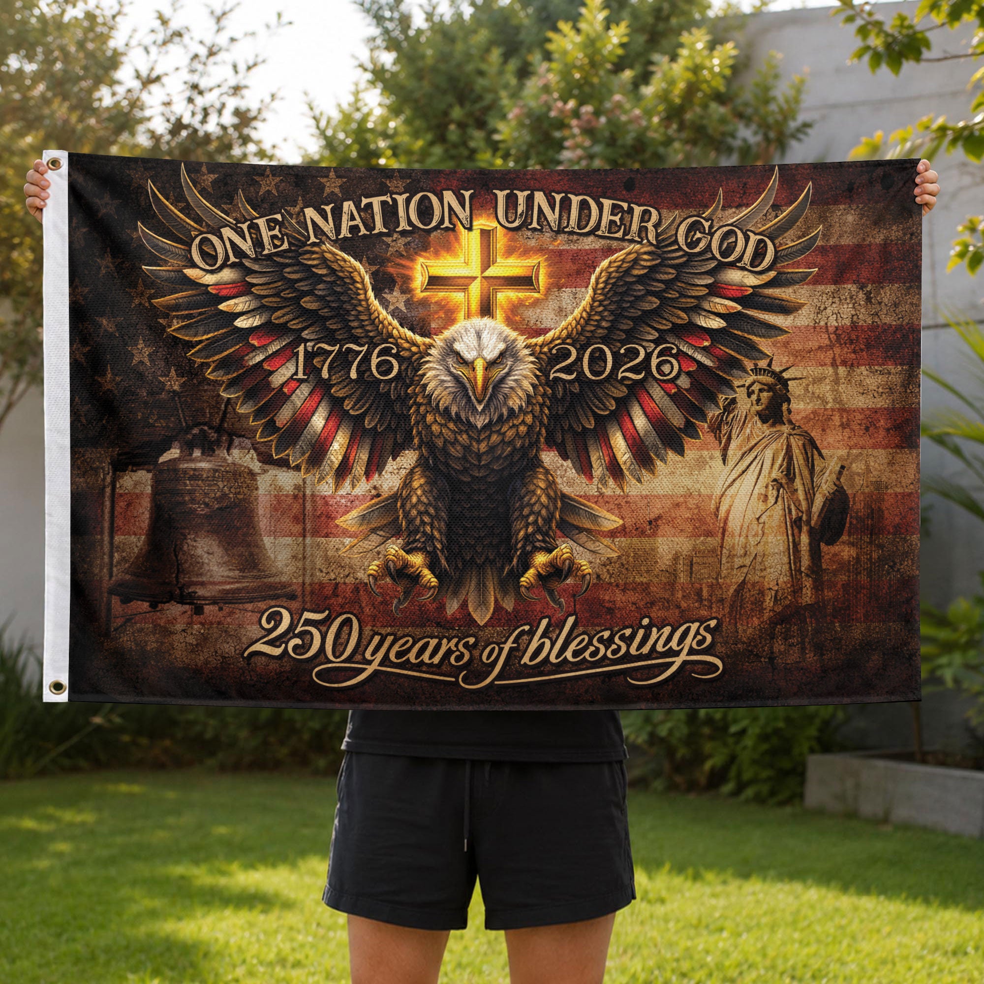 250 Years of Blessings USA Flag 1776-2026 – Patriotic Eagle & Liberty Bell Statue of Liberty Double Sided Outdoor Flag