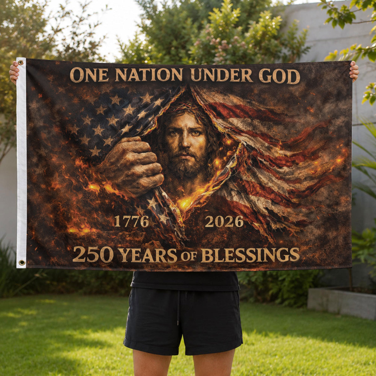 Christian 1776-2026 USA 250th Anniversary Flag – Jesus Christ One Nation Under God 250 Years of Blessings Patriotic Banner - Rust Field Wear