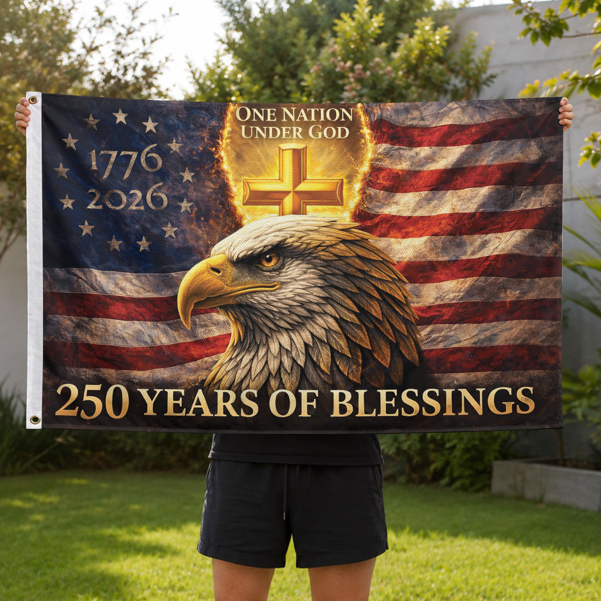 USA 250th Anniversary Eagle Flag 1776-2026 – One Nation Under God Christian Cross Double Sided Patriotic House Flag - Rust Field Wear