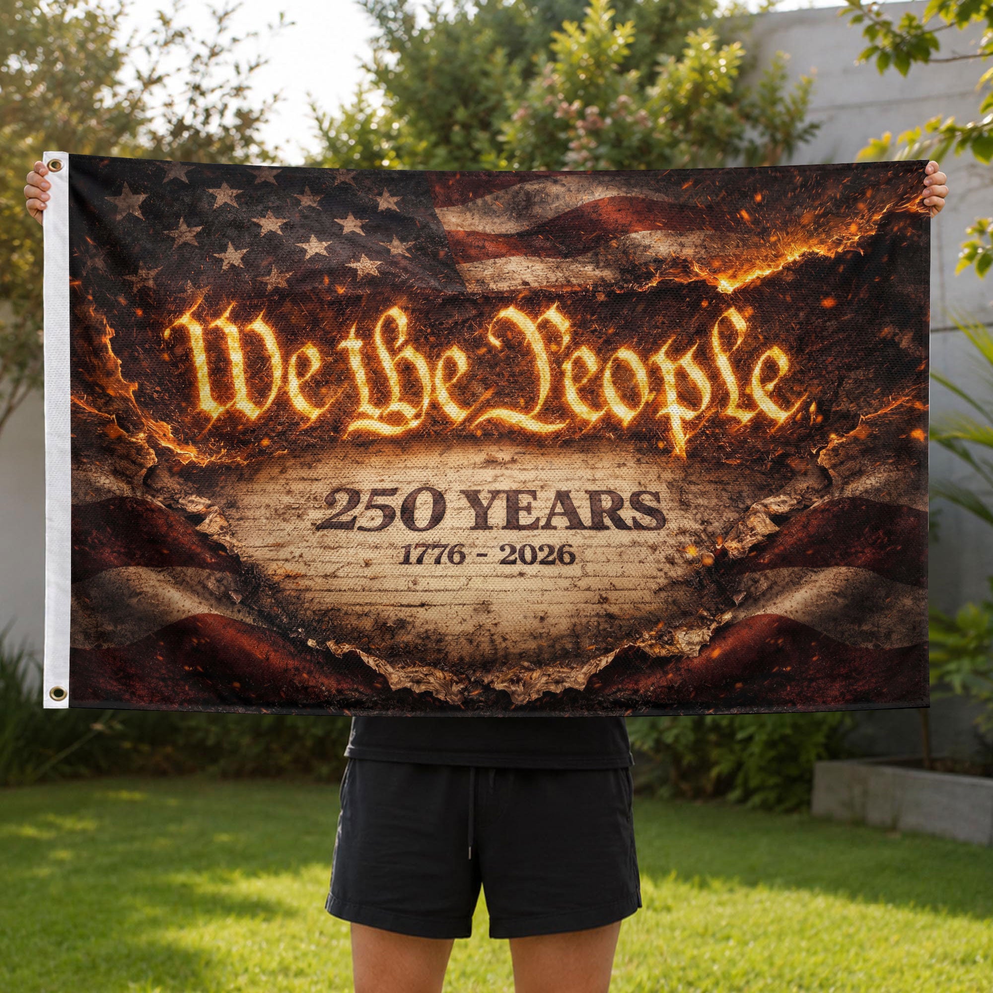 We The People 250 Years Flag 1776–2026 – Fire Style Patriotic Double Sided Yard Flag