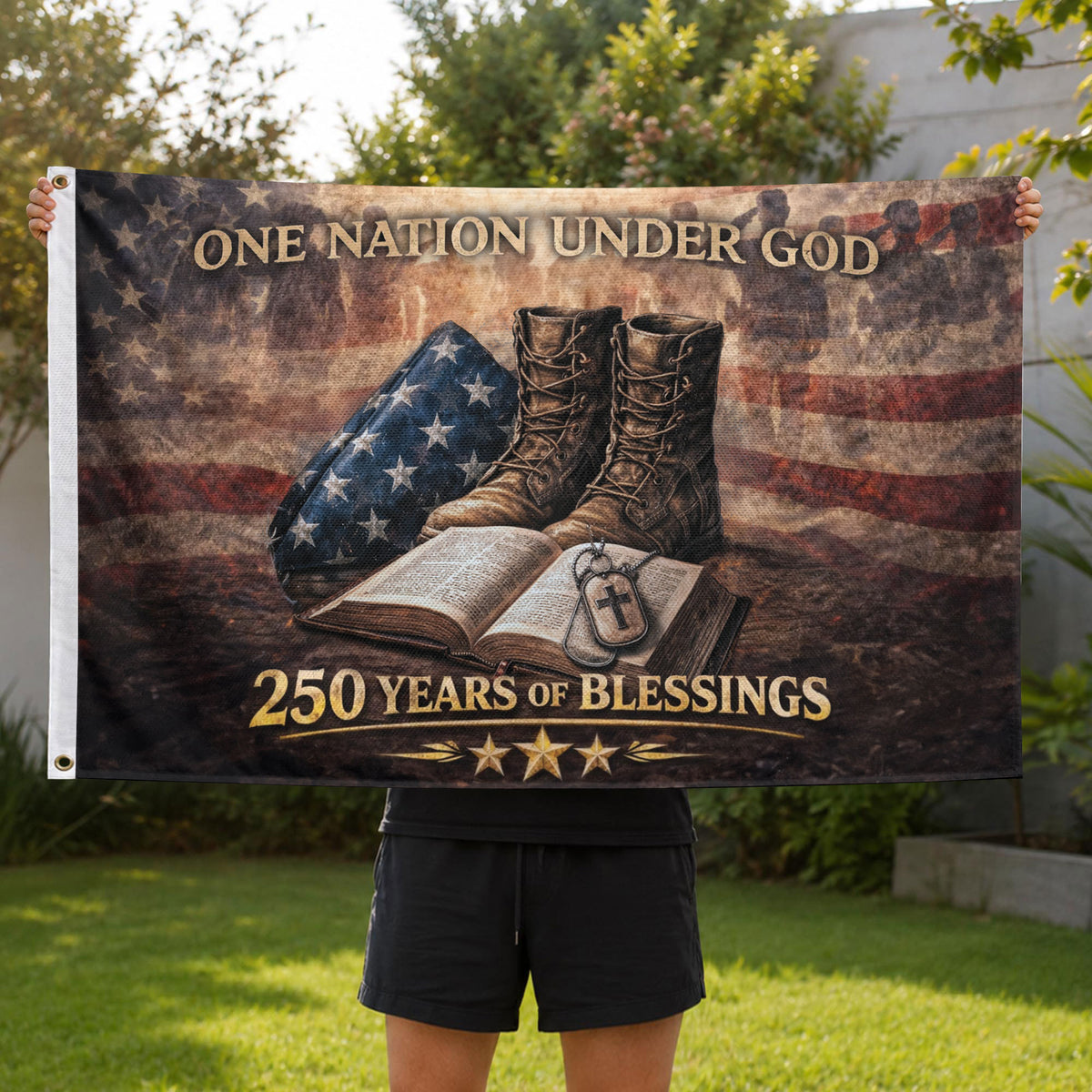 Christian Patriotic House Flag 250 Year American Anniversary Flag One Nation Under God USA Flag - Rust Field Wear