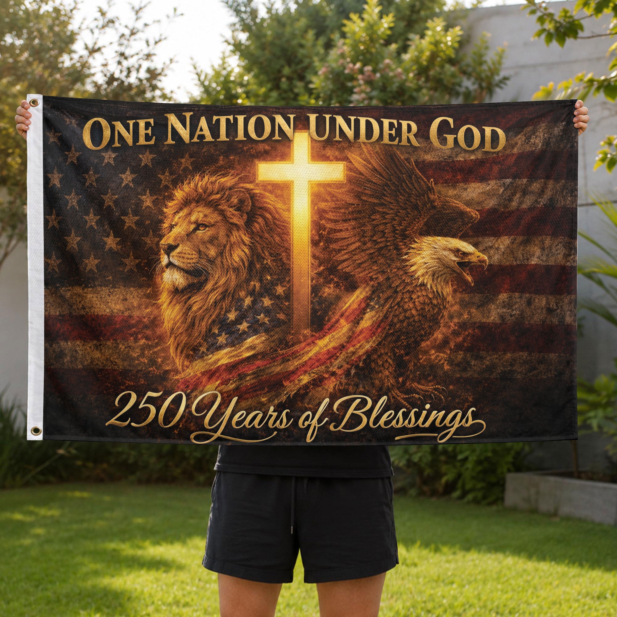 Christian Cross Lion Eagle House Flag 250th Anniversary USA Flag One Nation Under God