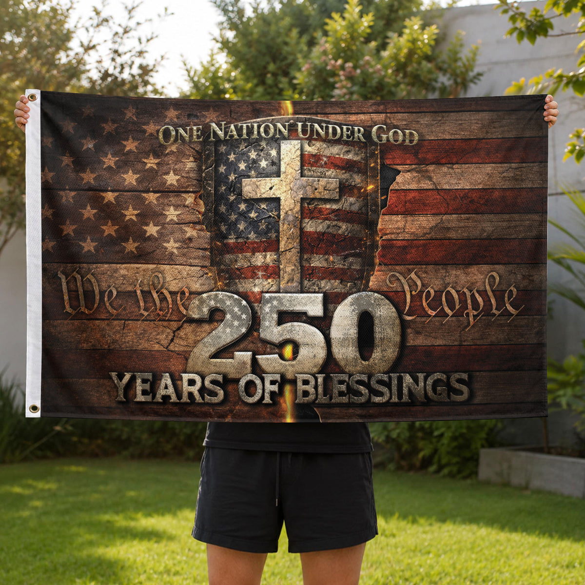 We The People Christian Cross House Flag 250th Anniversary USA Flag One Nation Under God - Rust Field Wear