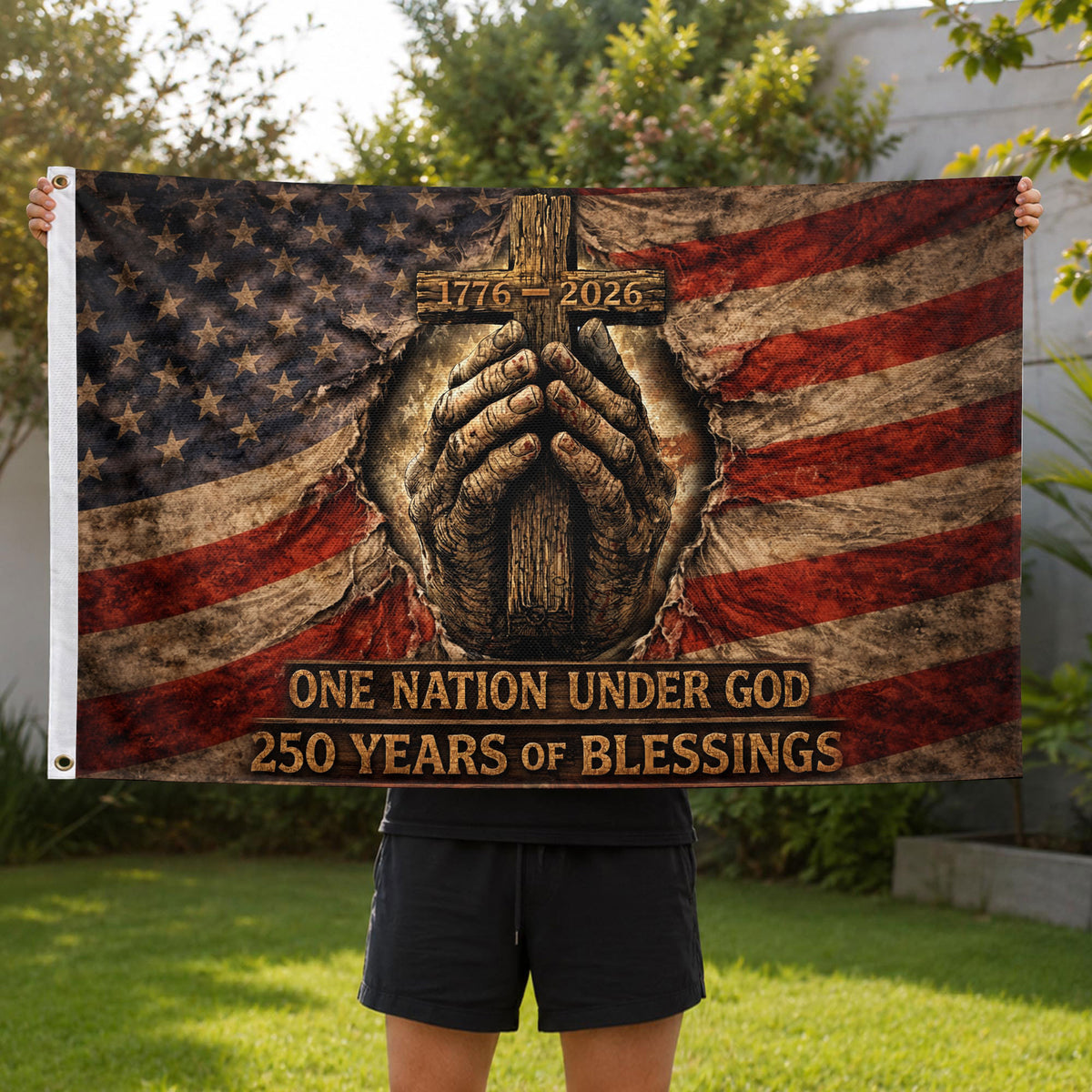 Christian Patriotic House Flag, Praying Hands Cross One Nation Under God Flag Decor - Rust Field Wear