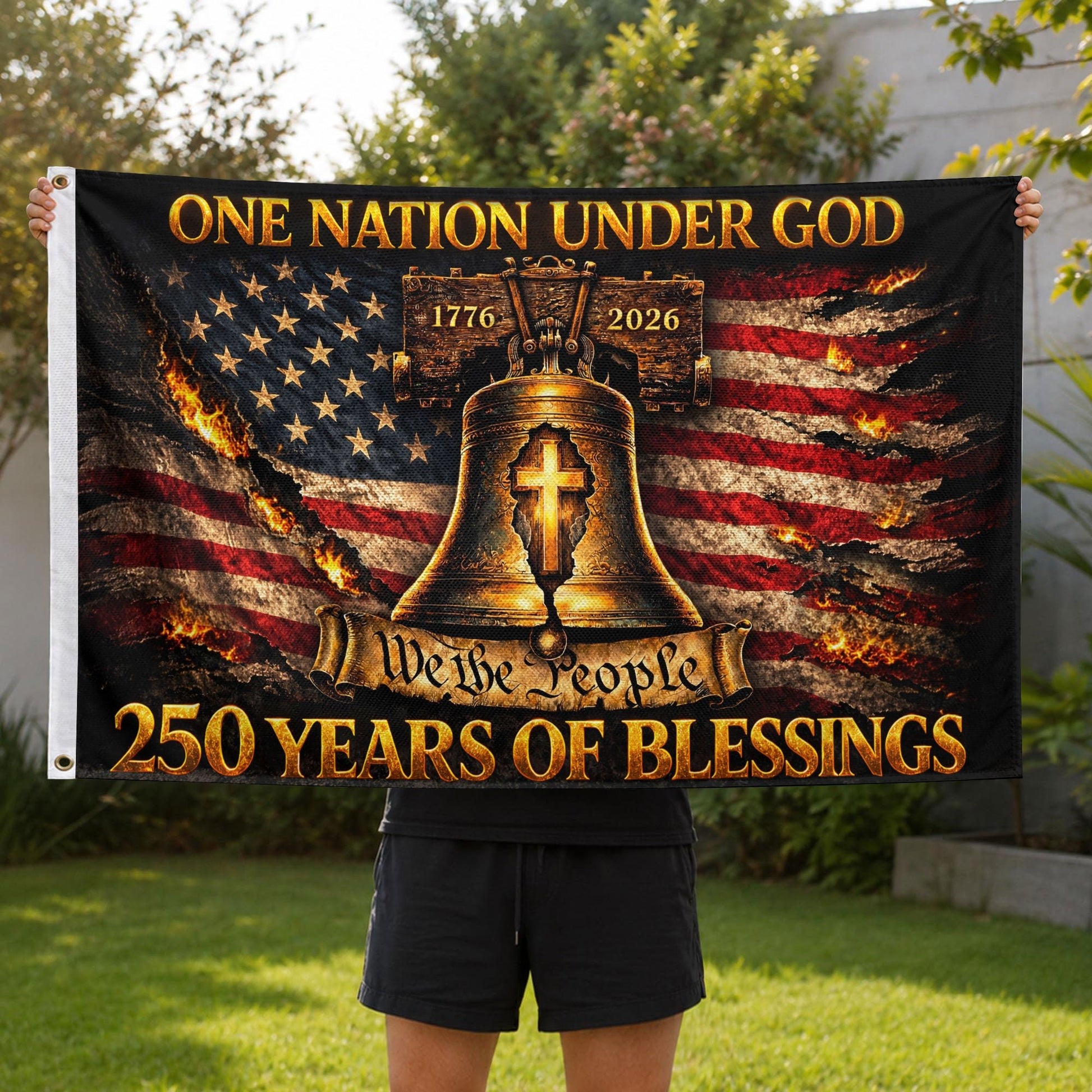 Patriotic Christian House Flag Liberty Bell Cross One Nation Under God We The People - Rust Field Wear