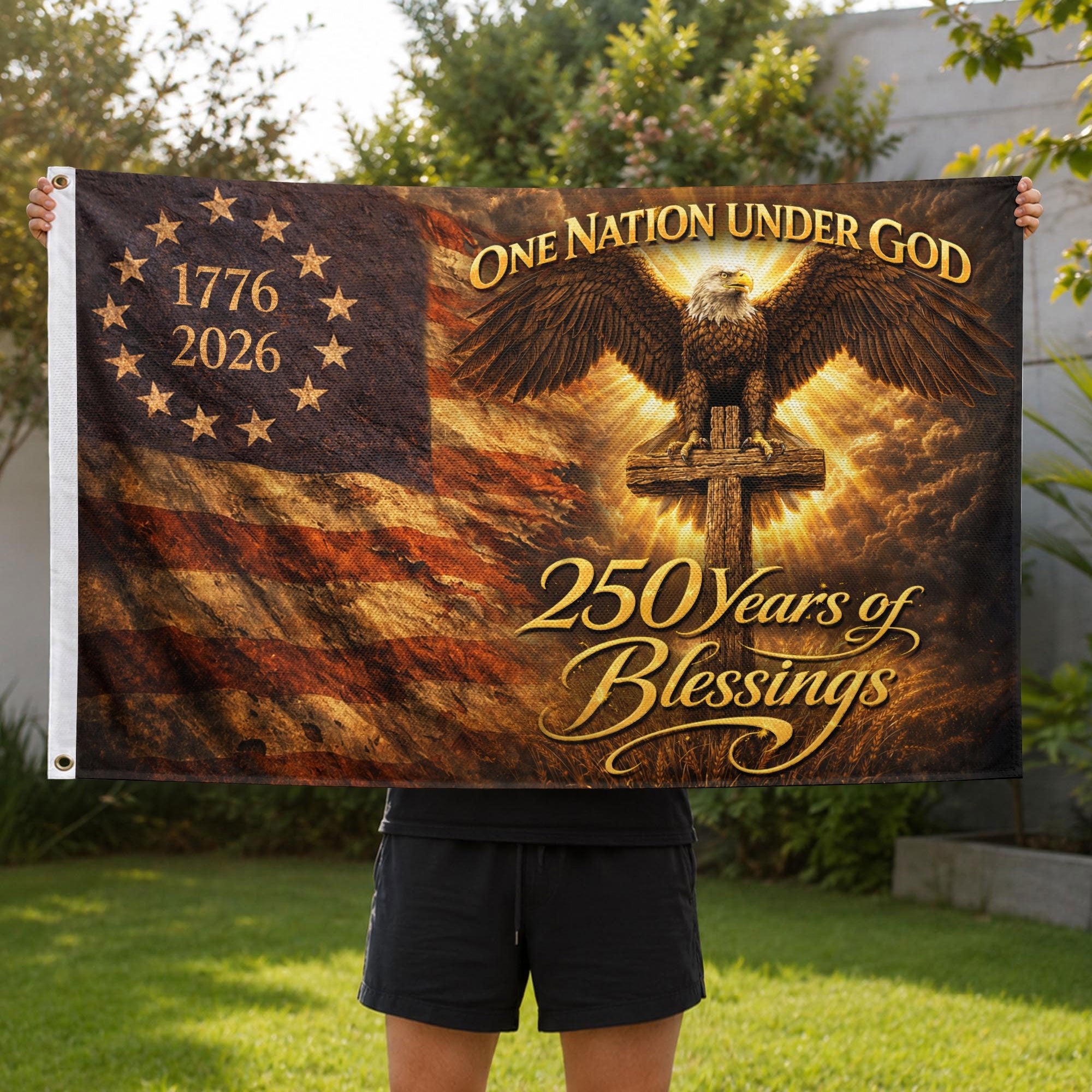 Patriotic Christian House Flag Eagle Cross One Nation Under God 1776–2026 Blessings Decor - Rust Field Wear