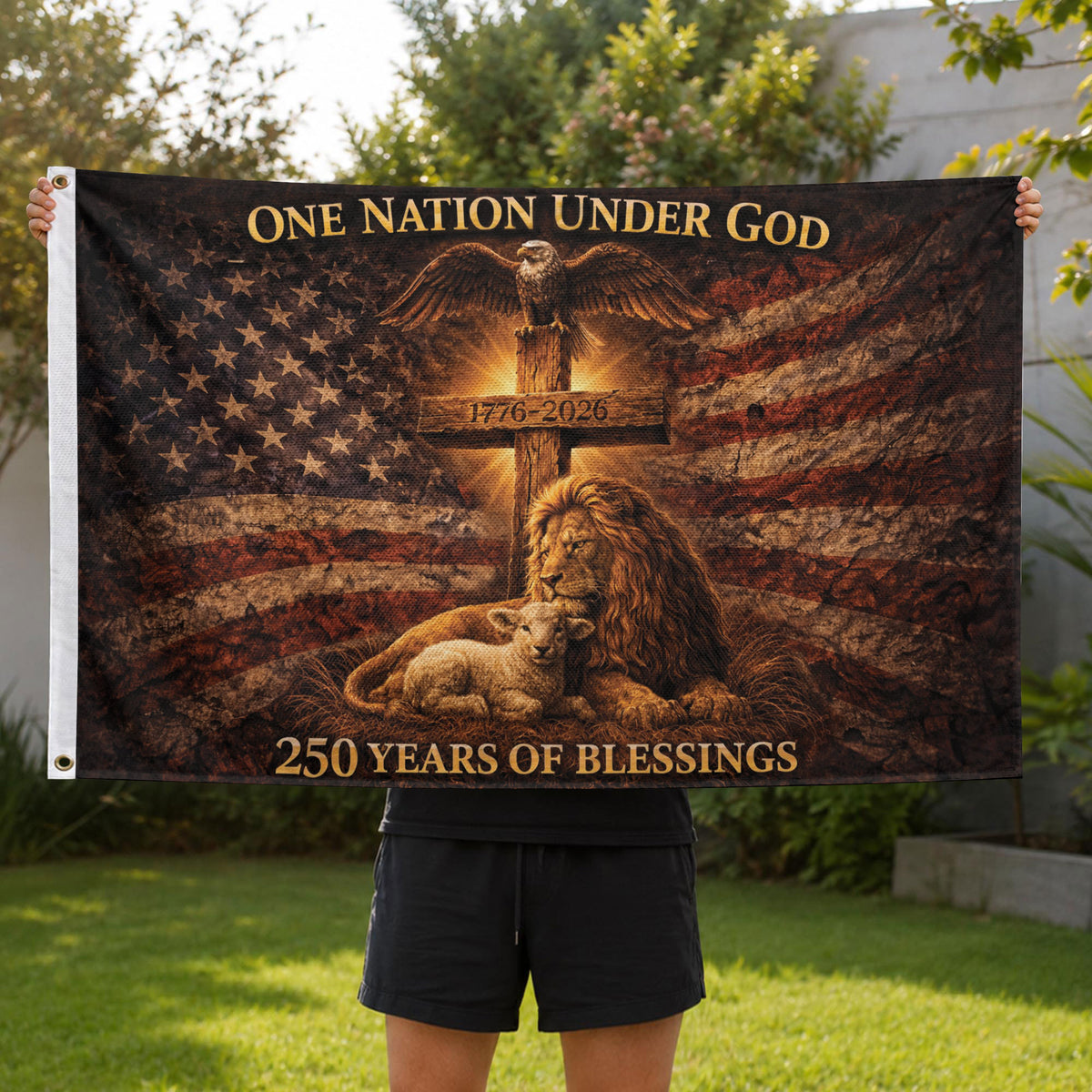 Christian Patriotic House Flag 250th Anniversary USA Flag One Nation Under God 1776-2026 - Rust Field Wear