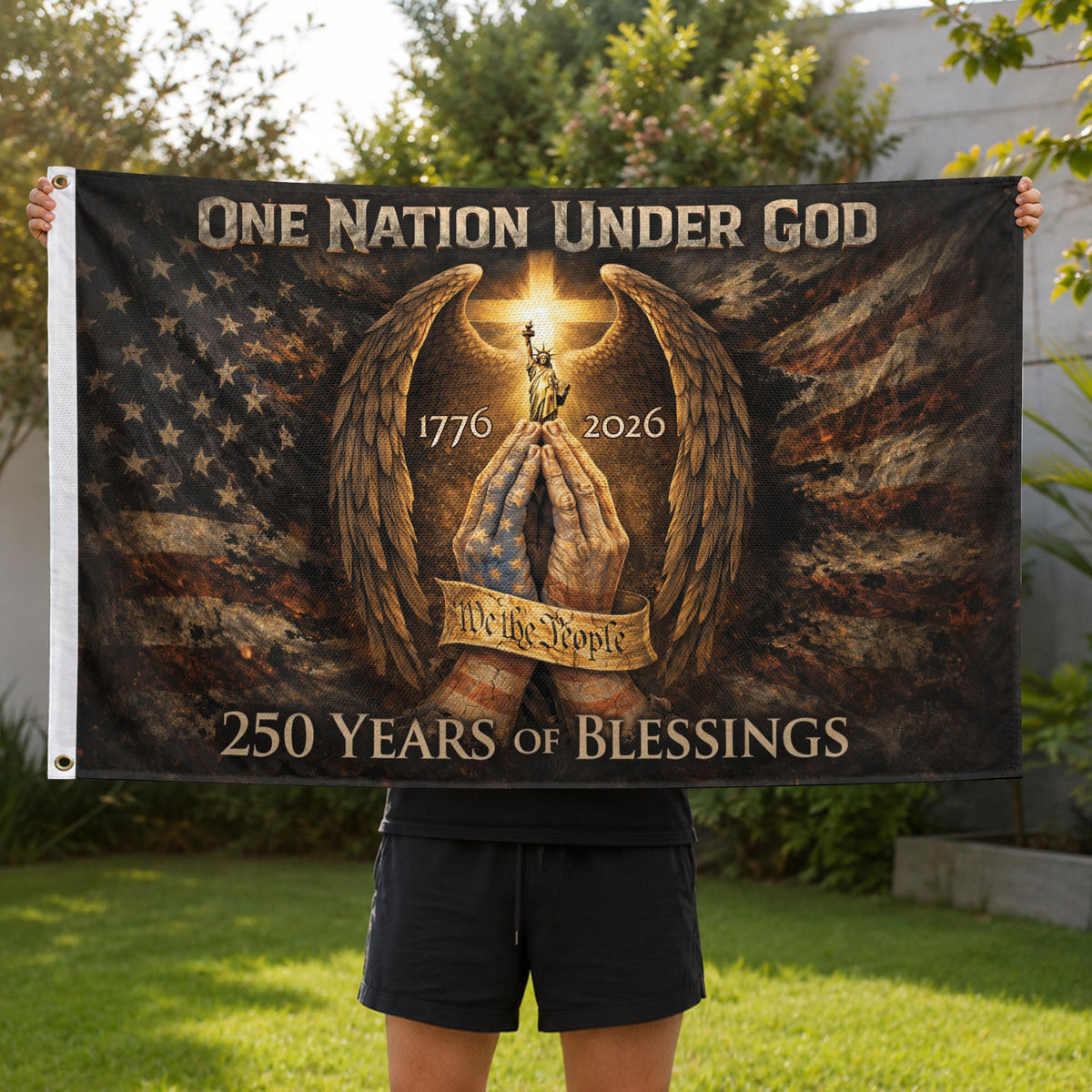 Christian Patriotic House Flag One Nation Under God 250th Anniversary USA Flag 1776–2026 - Rust Field Wear