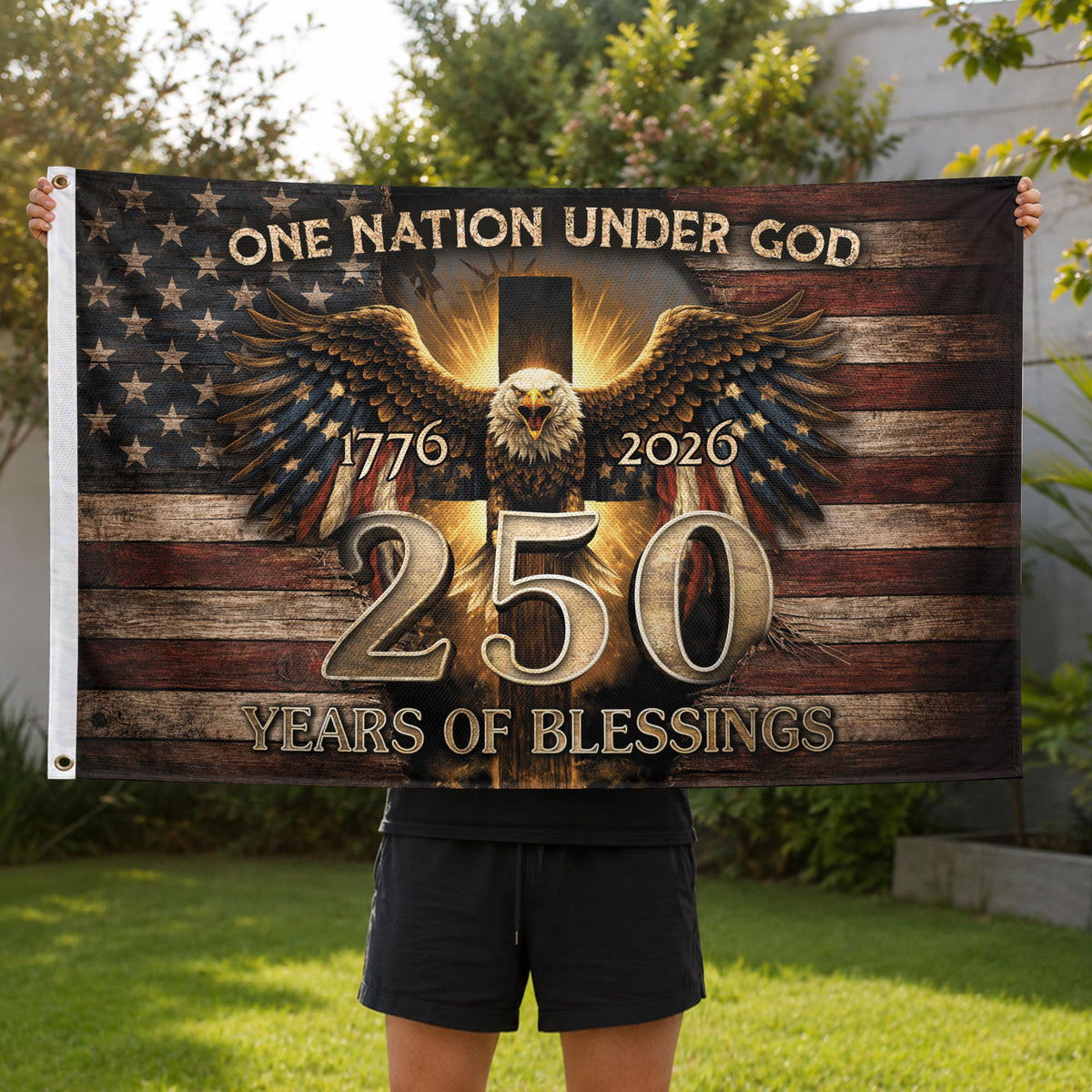 Patriotic Christian House Flag 250th Anniversary USA Flag 1776–2026 One Nation Under God Eagle Cross - Rust Field Wear