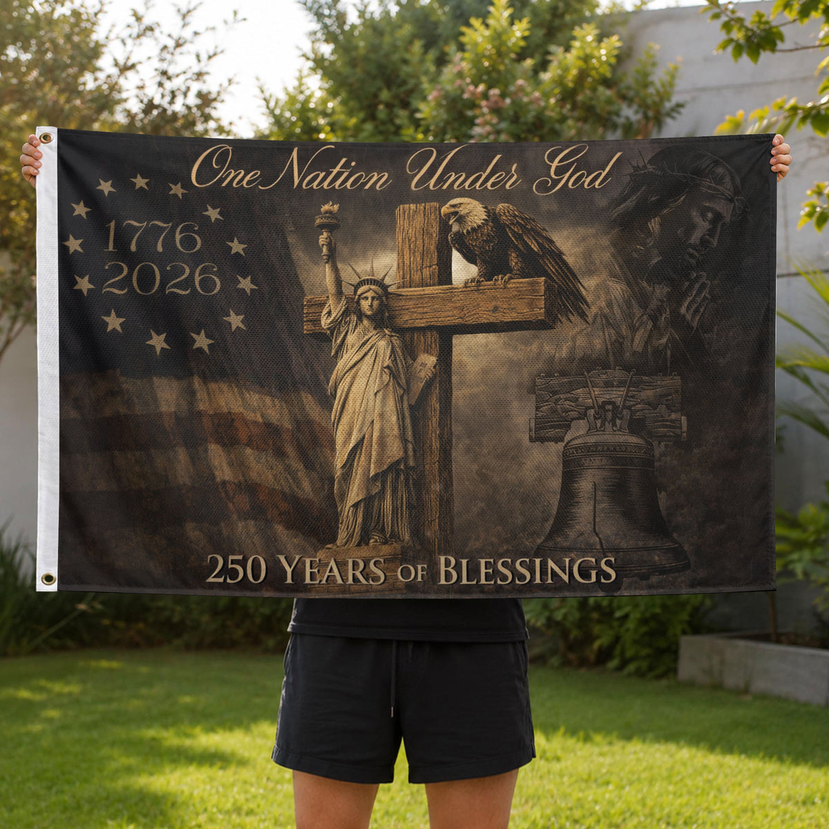 Christian Faith Patriotic House Flag 1776–2026 USA 250th Anniversary Flag One Nation Under God Eagle Cross - Rust Field Wear