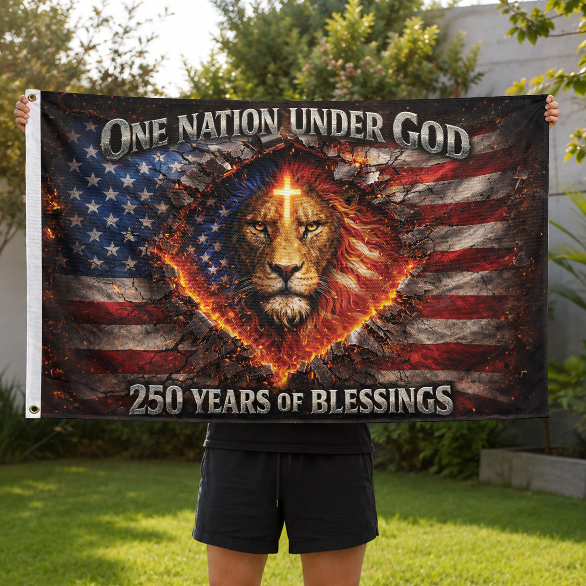 Christian Lion Cross Patriotic House Flag One Nation Under God 250th Anniversary USA Flag 1776–2026 Blessings Design - Rust Field Wear