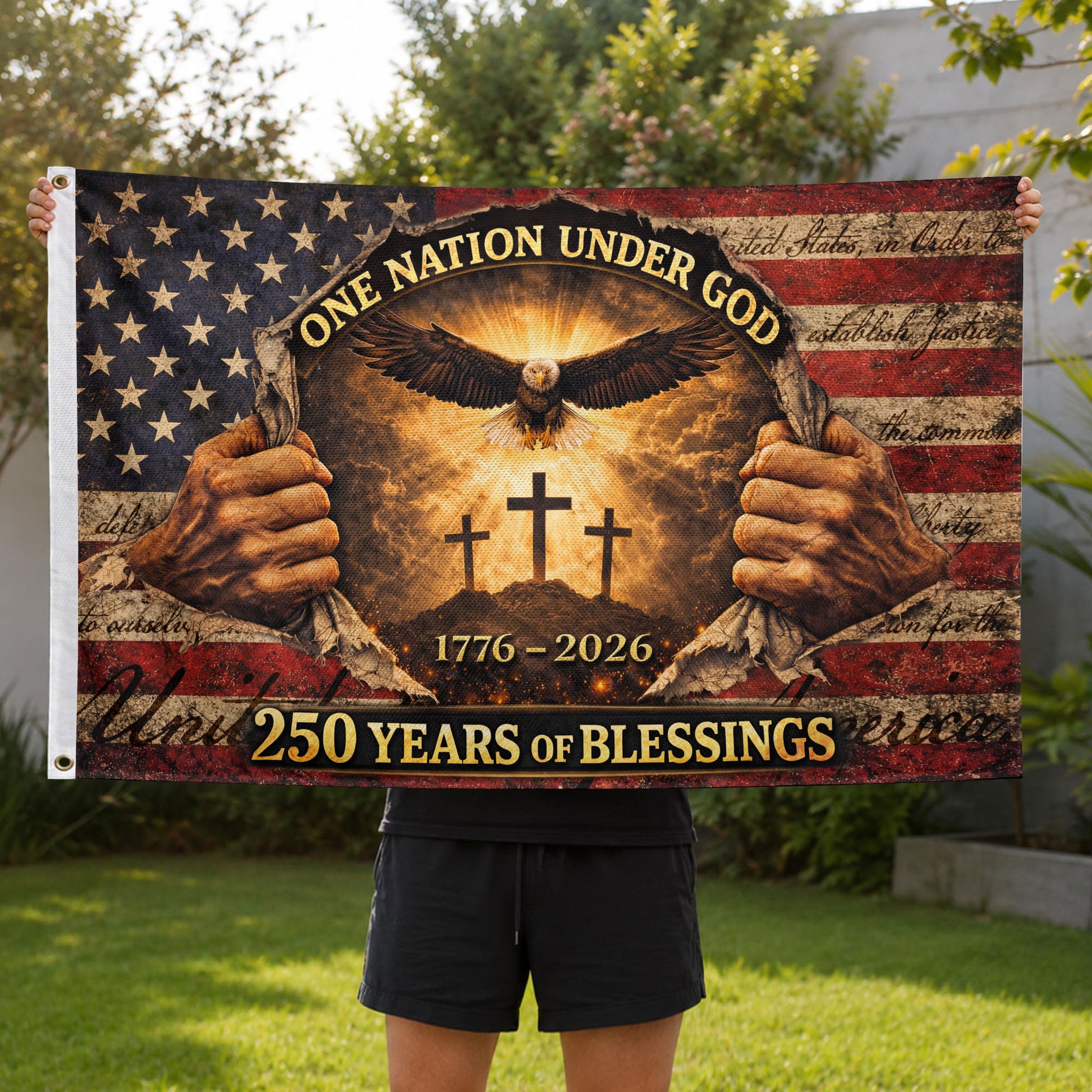 250 Years of Blessings Flag 1776-2026 One Nation Under God Christian American Eagle Banner 3x5ft - Rust Field Wear