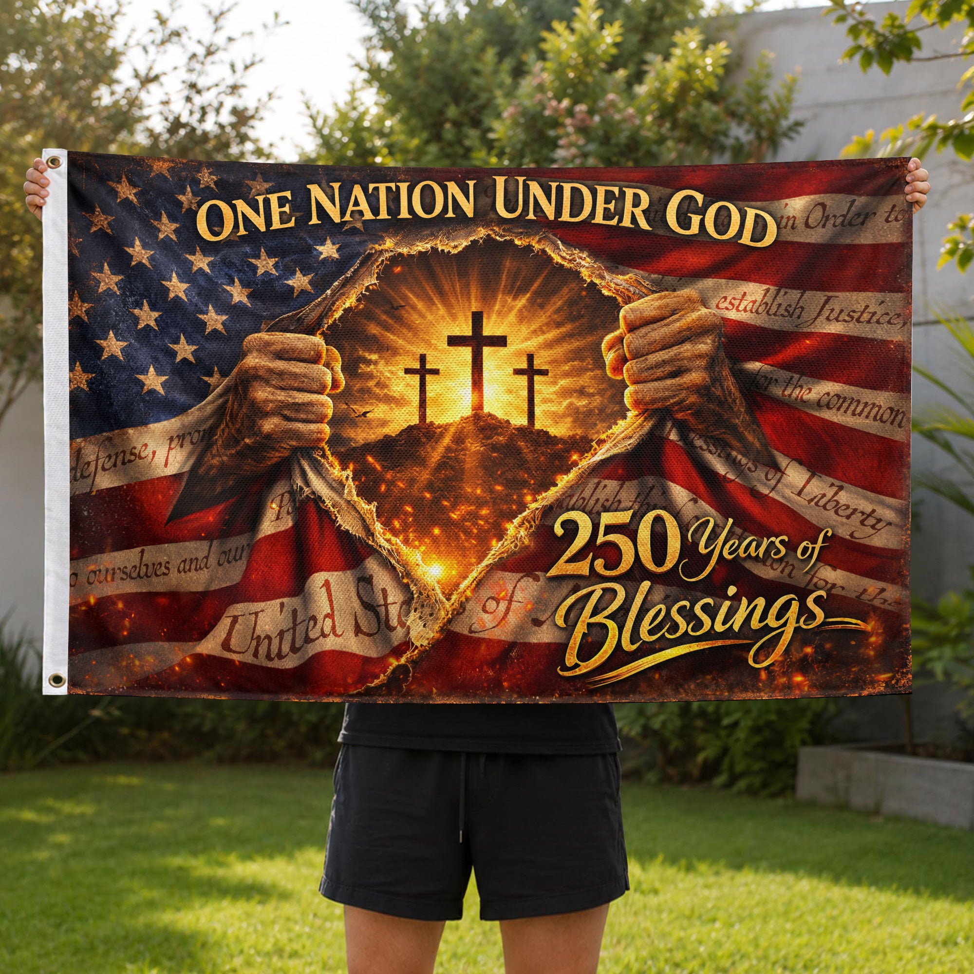 250 Years of Blessings Flag One Nation Under God Christian Three Crosses Patriotic Banner 3x5ft
