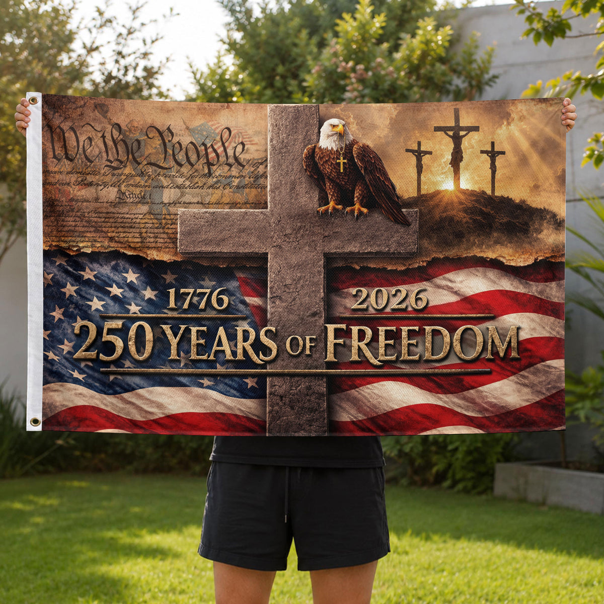 Christian We The People 250th Anniversary USA House Flag Cross Eagle 1776–2026 Patriotic Freedom Flag - Rust Field Wear