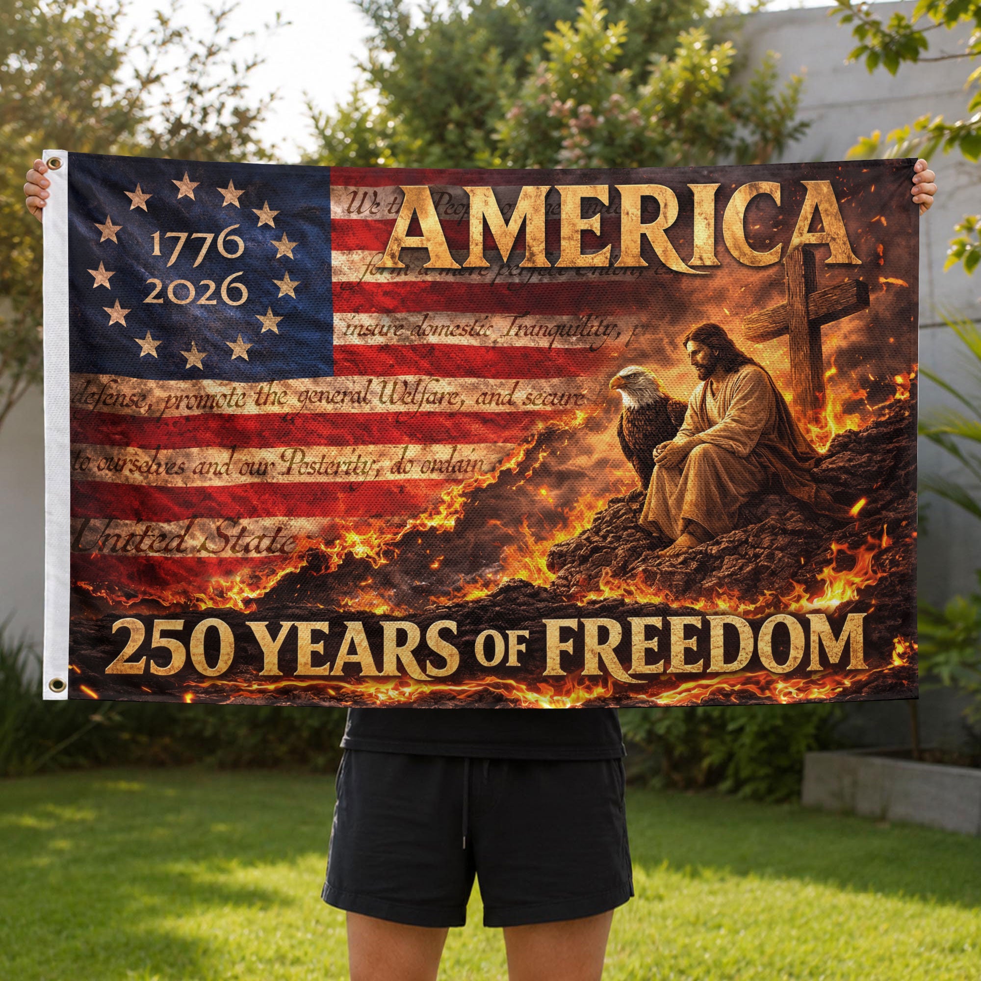 Christian USA 250th Anniversary House Flag, Jesus and Eagle Patriotic Flag, 1776–2026 Freedom Celebration 3x5ft