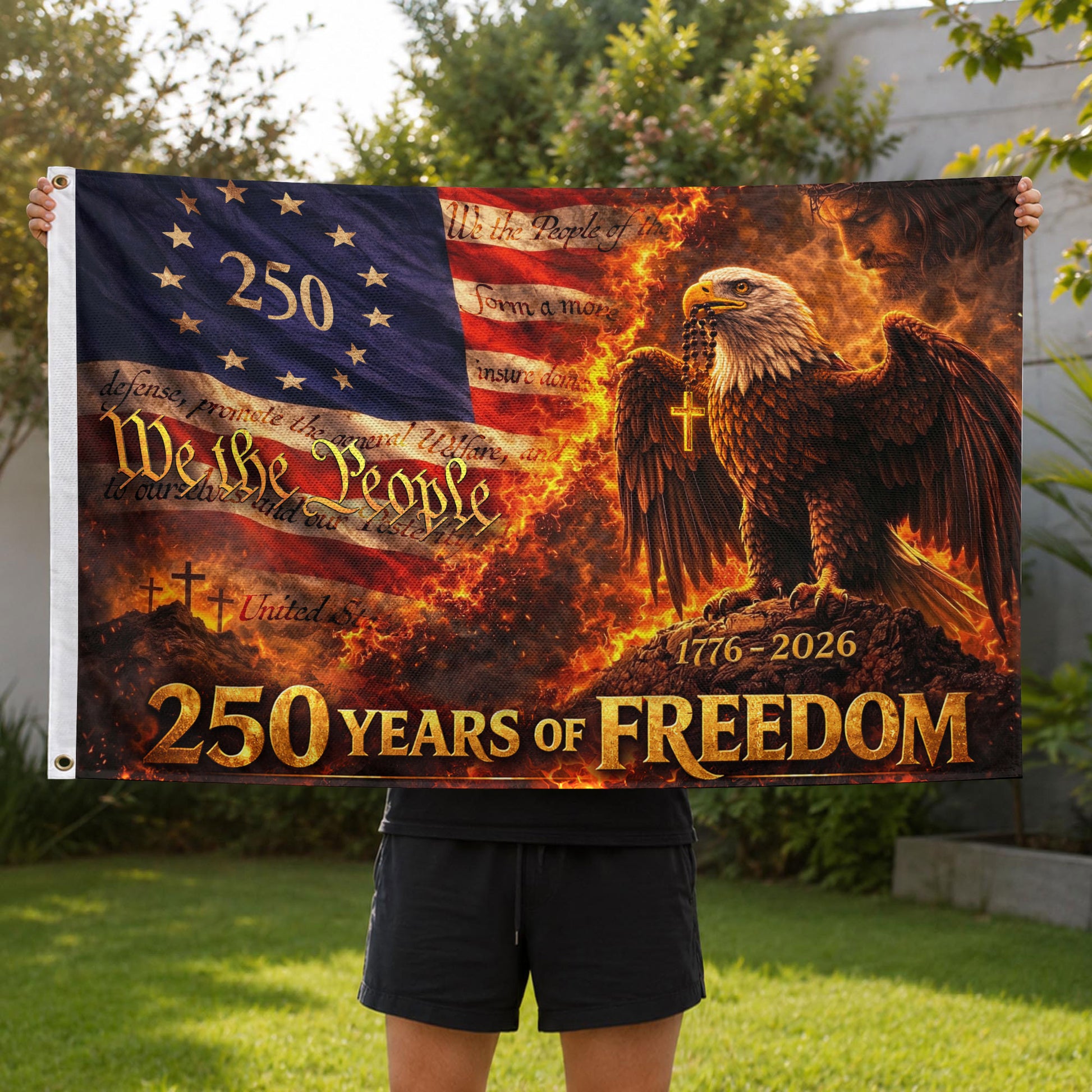 Christian We The People USA 250th Anniversary House Flag Eagle Cross 1776–2026 250 Years Freedom Patriotic Flag - Rust Field Wear