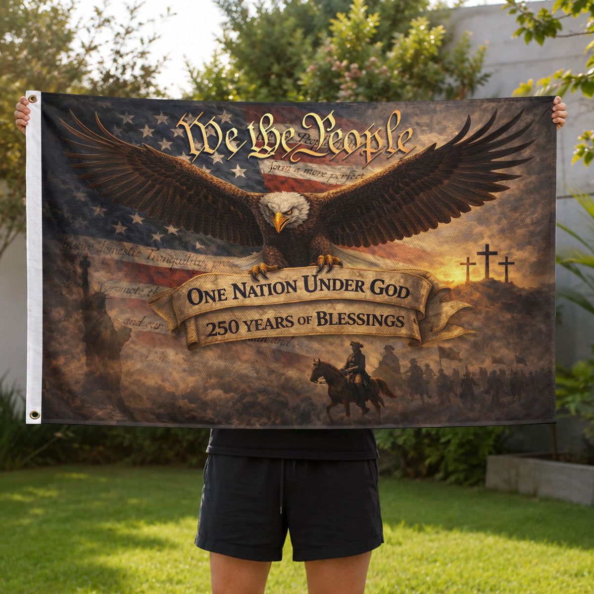 US One Nation Under God Flag 3x5 ft 250 Years of Blessings Eagle Patriotic Banner - Rust Field Wear