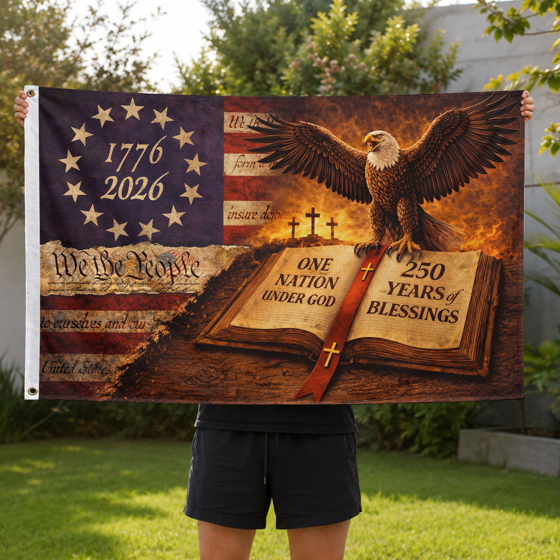 We The People 250th Anniversary USA House Flag Eagle Bible Cross 1776–2026 Patriotic Blessing Flag - Rust Field Wear