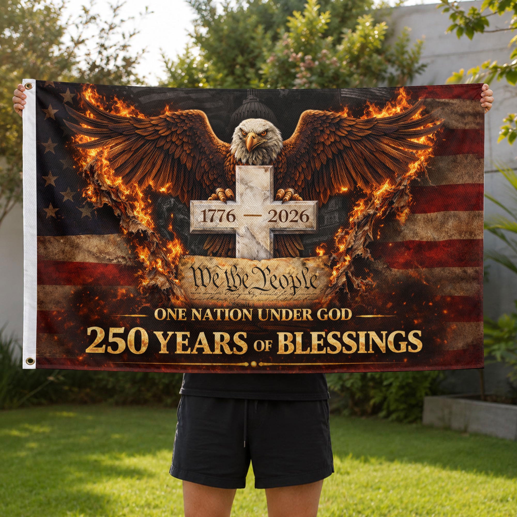 250 Years of Blessings Flag 1776-2026 We The People Christian Eagle Cross USA Banner 3x5ft - Rust Field Wear