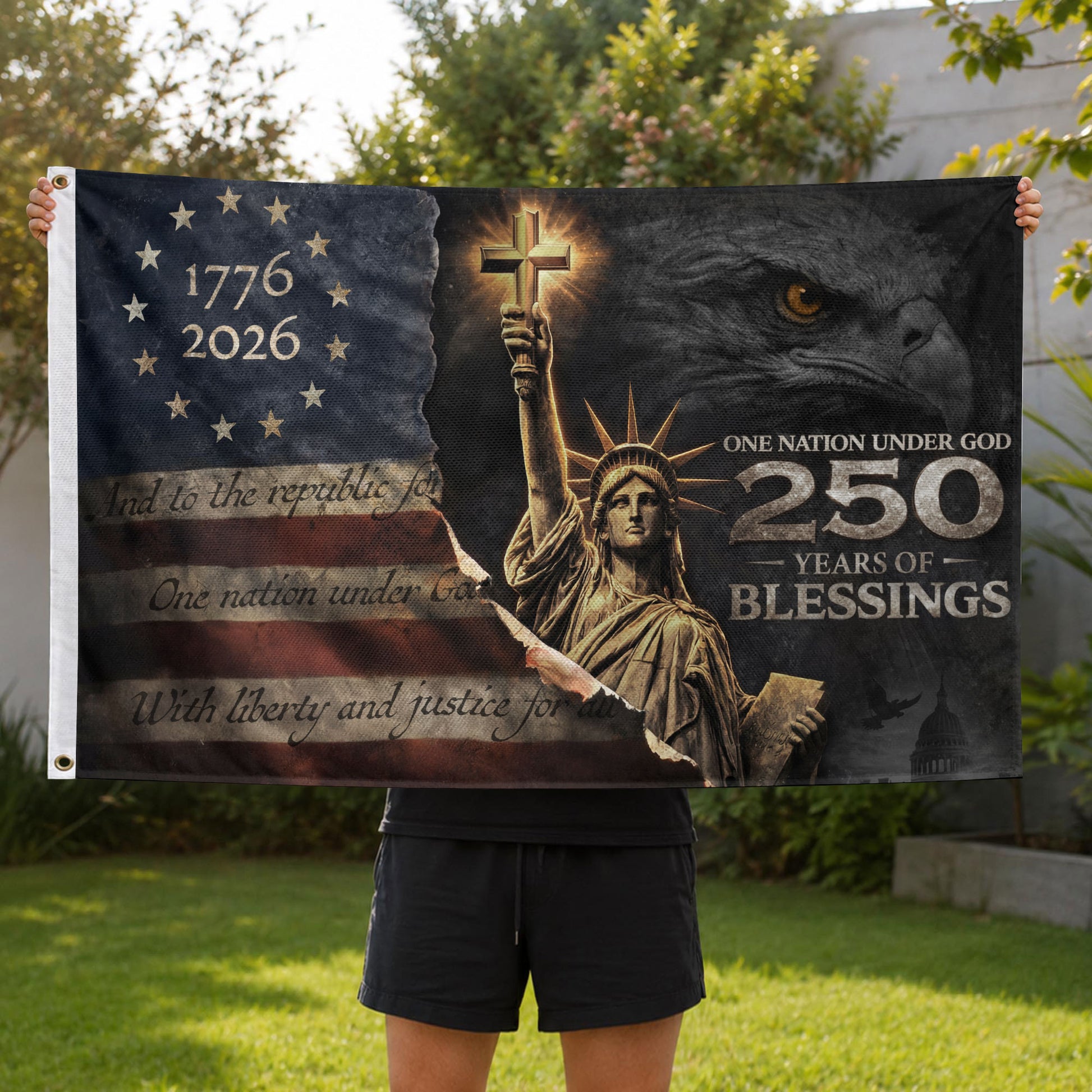 250 Years of Blessings Flag 1776-2026 Statue of Liberty Cross Christian Eagle Banner 3x5ft - Rust Field Wear
