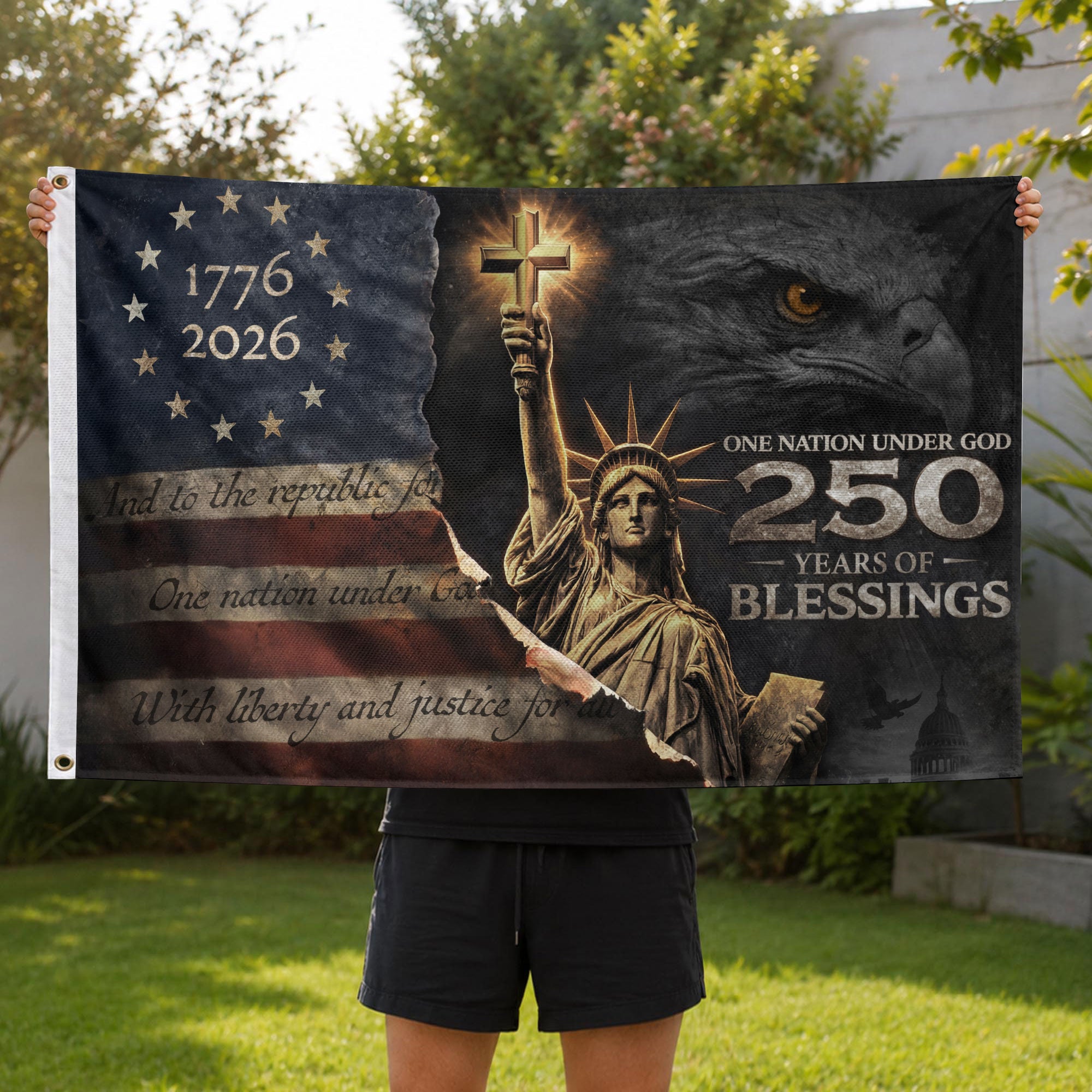 250 Years of Blessings Flag 1776-2026 Statue of Liberty Cross Christian Eagle Banner 3x5ft - Rust Field Wear