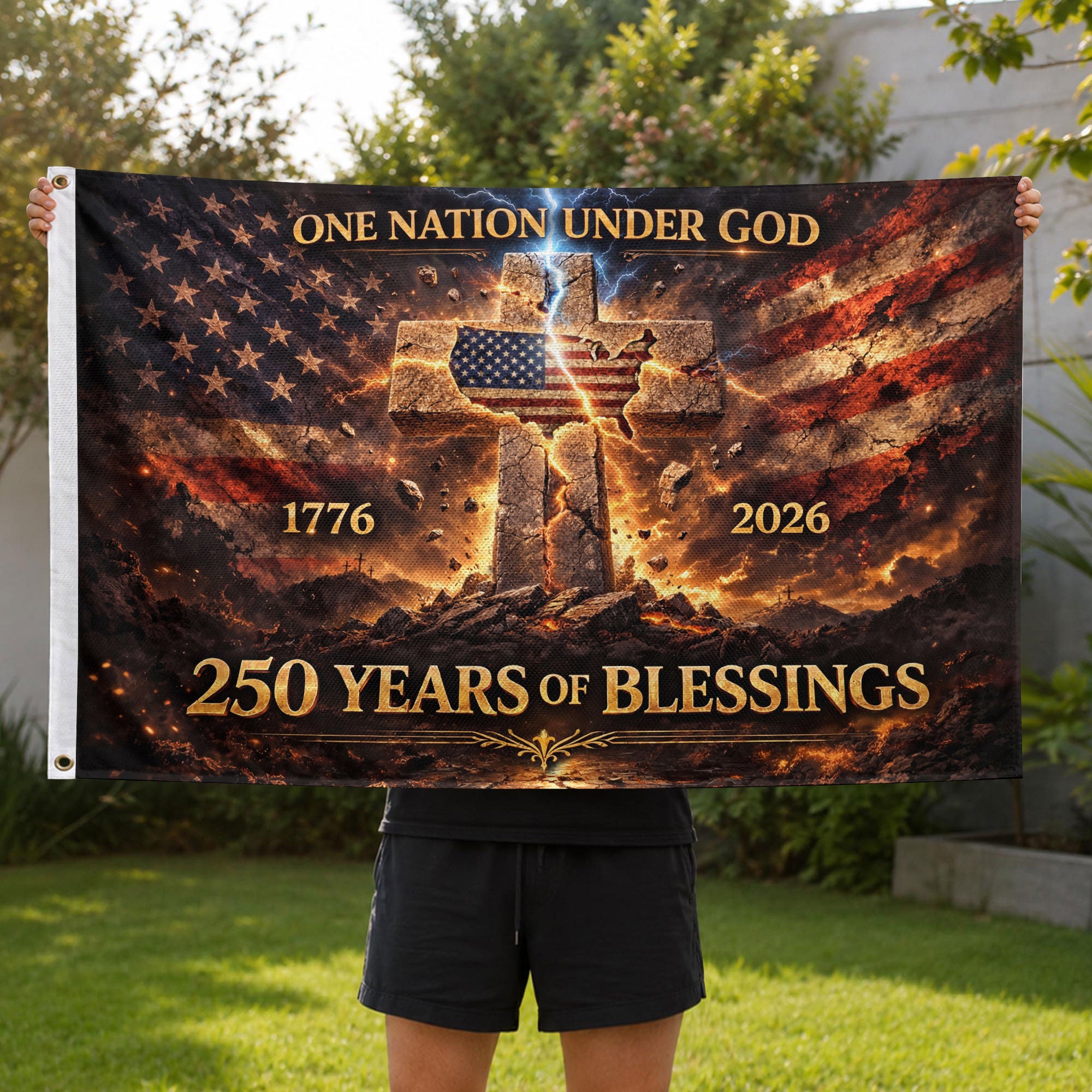 250 Years of Blessings Flag 1776-2026 One Nation Under God Christian Cross USA Banner 3x5ft - Rust Field Wear