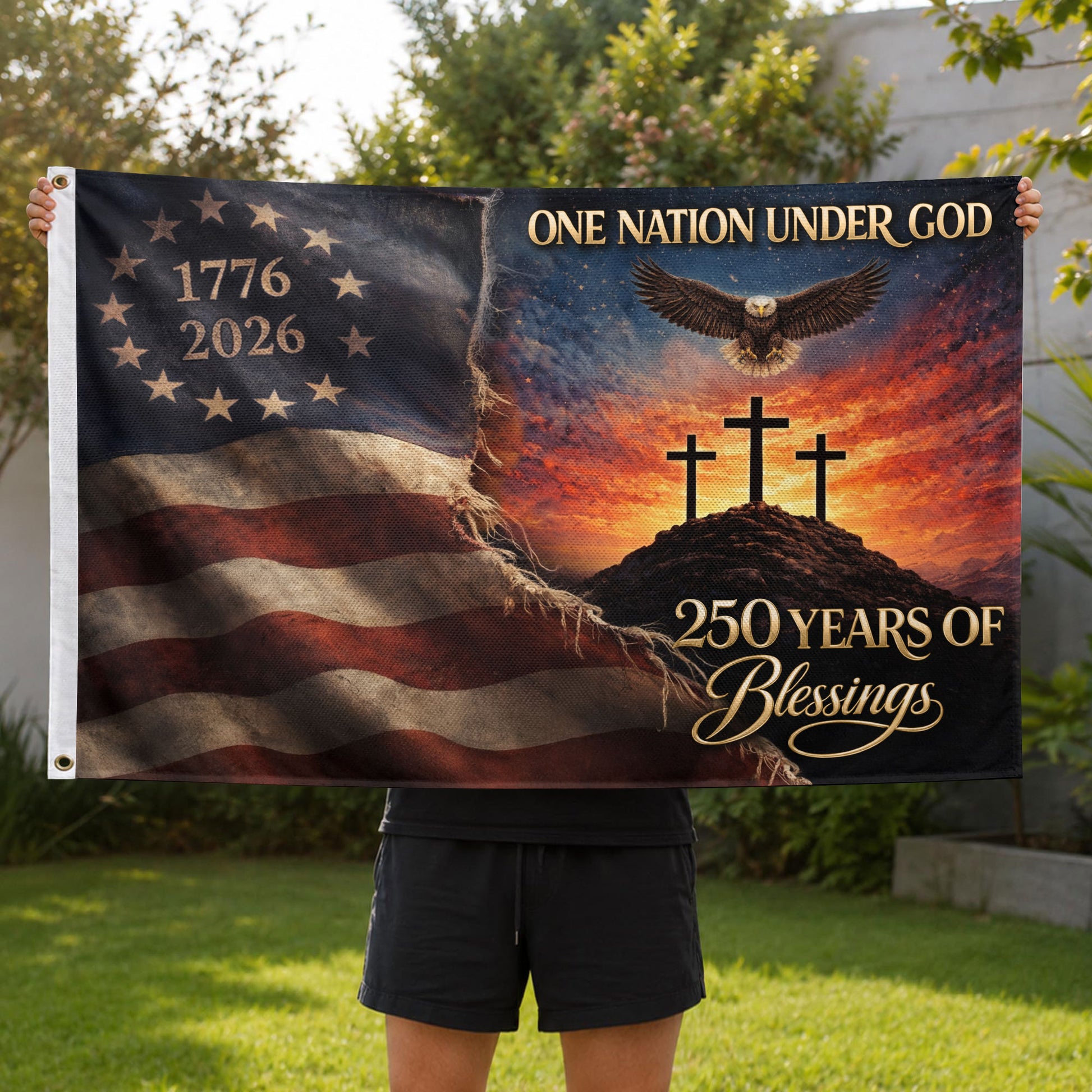 250th Anniversary USA Christian House Flag Three Crosses One Nation Under God Decor - Rust Field Wear