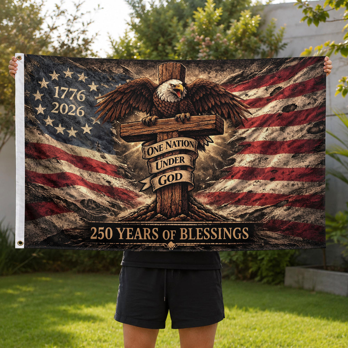 Patriotic Christian House Flag One Nation Under God Eagle Cross 250 Years Blessings 1776-2026 - Rust Field Wear