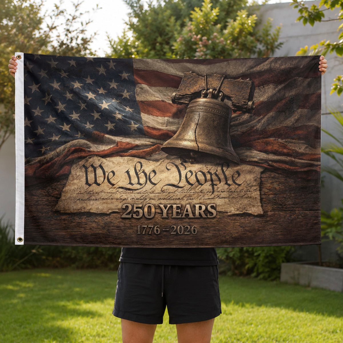 US 1776 2026 Liberty Bell We The People Patriotic American Outdoor Banner Flag 3x5ft - Rust Field Wear