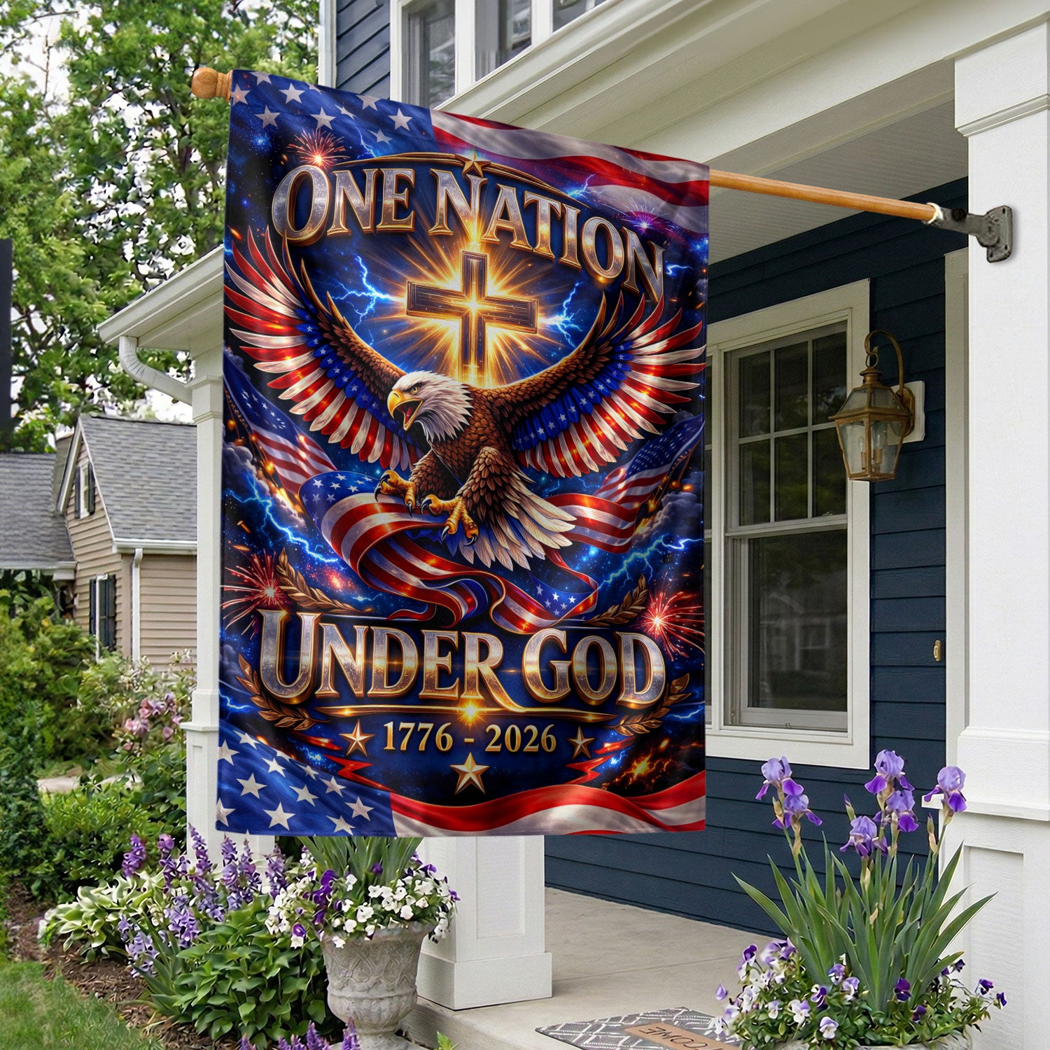 Christian One Nation Under God 250th Anniversary USA House Flag 1776–2026 Eagle Cross Patriotic Faith Banner