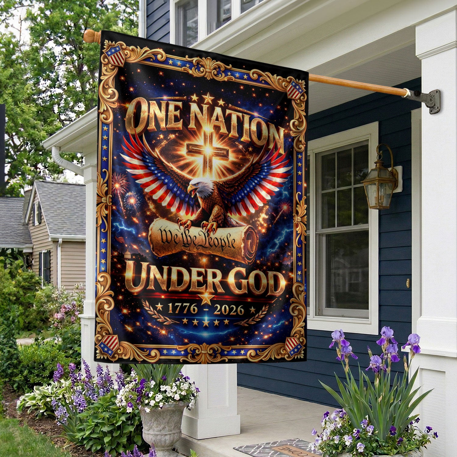 Christian We The People One Nation Under God 250th Anniversary USA House Flag 1776–2026 Eagle Cross Patriotic Design