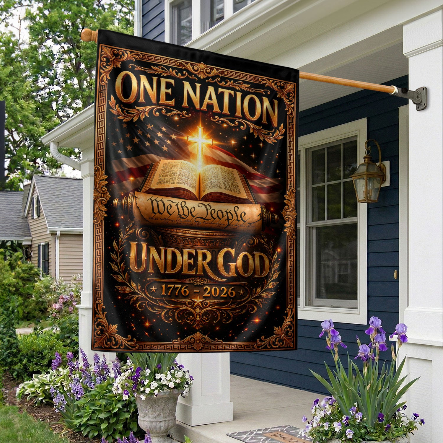 Christian One Nation Under God 250th Anniversary USA Garden Flag 1776–2026 Bible Cross We The People Patriotic Design - Rust Field Wear