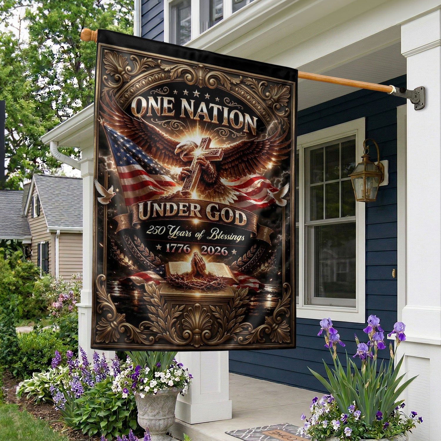 Christian One Nation Under God 250 Years of Blessings USA House Flag 1776–2026 Eagle Cross Patriotic Faith Banner - Rust Field Wear