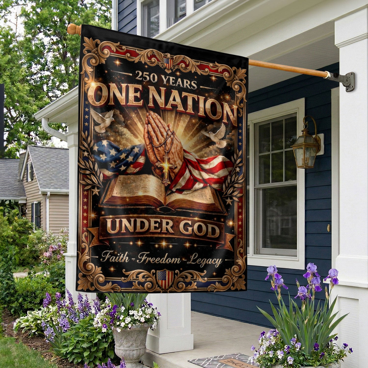 Christian One Nation Under God 250th Anniversary USA House Flag Prayer Bible Faith Freedom Patriotic Design