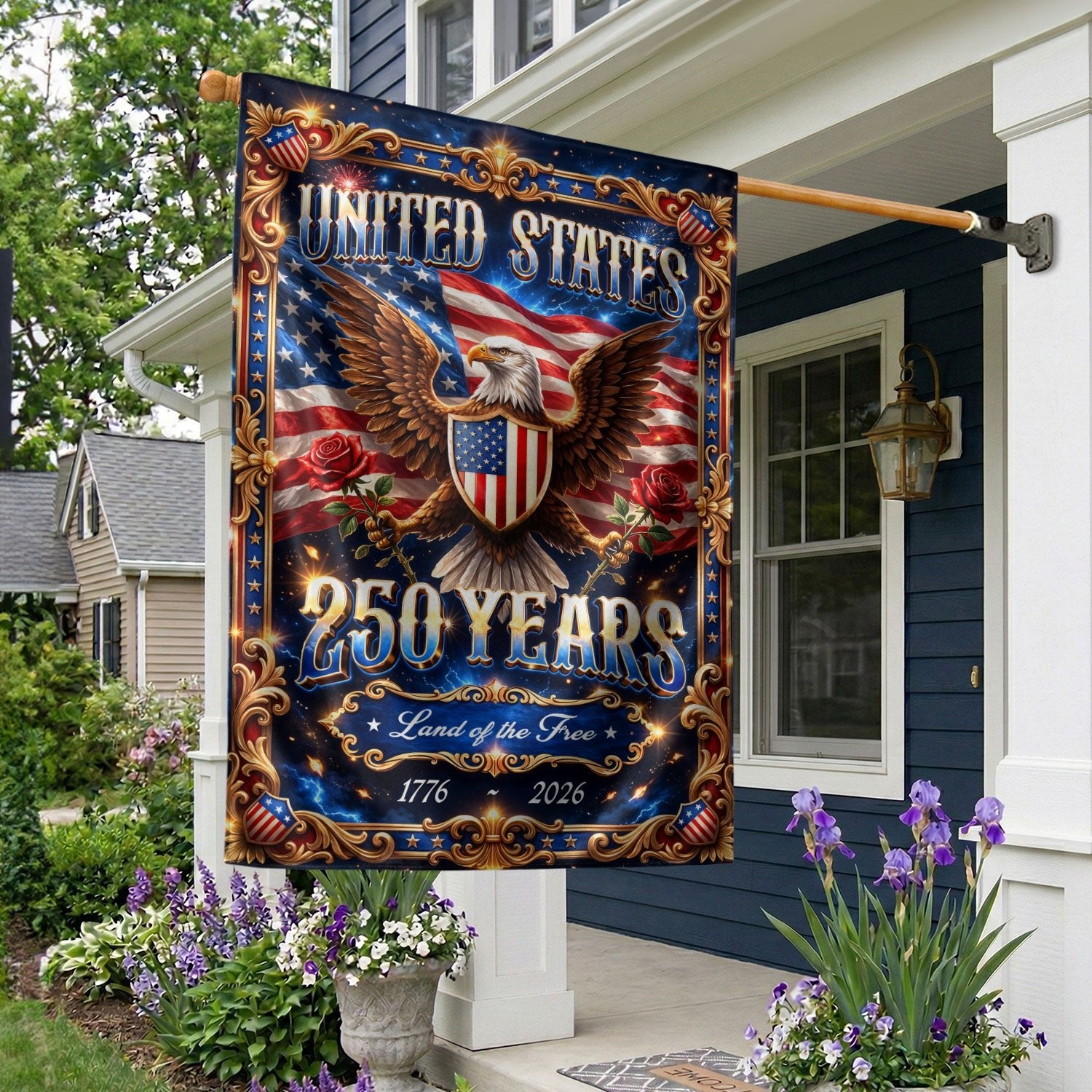 United States 250 Years Garden Flag Eagle Patriotic 1776 2026 Land of the Free - Rust Field Wear